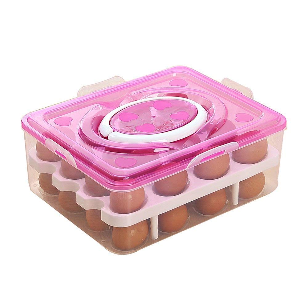 Styleys Double Layer Plastic 32 Grid Egg Storage Box For Refrigerator Kitchen With Lid (Pink_S11063, Square)