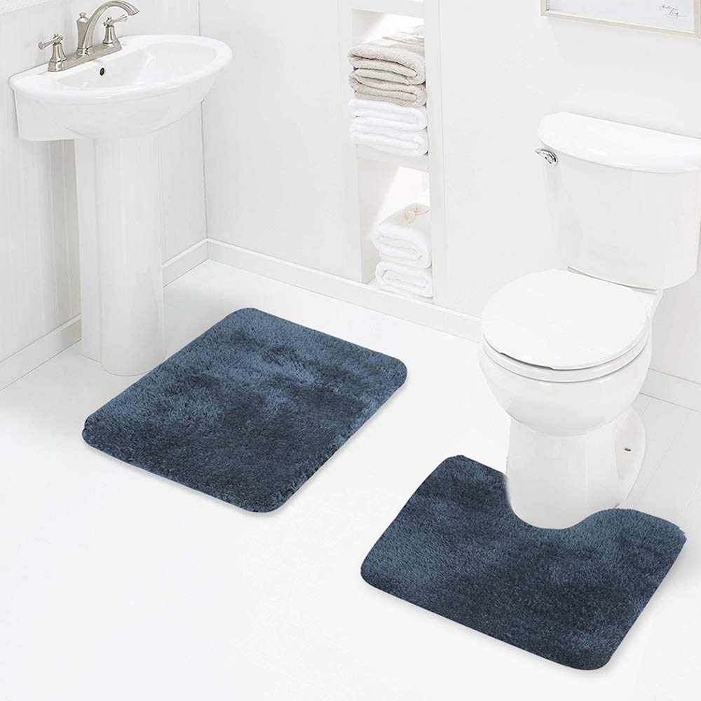 Walensee Bath Rug Set (Navy) - 2 Piece Shaggy U Shape Contour & Bathroom Rug - Absorbent, Non-Slip, Machine Washable, Heavy Weig