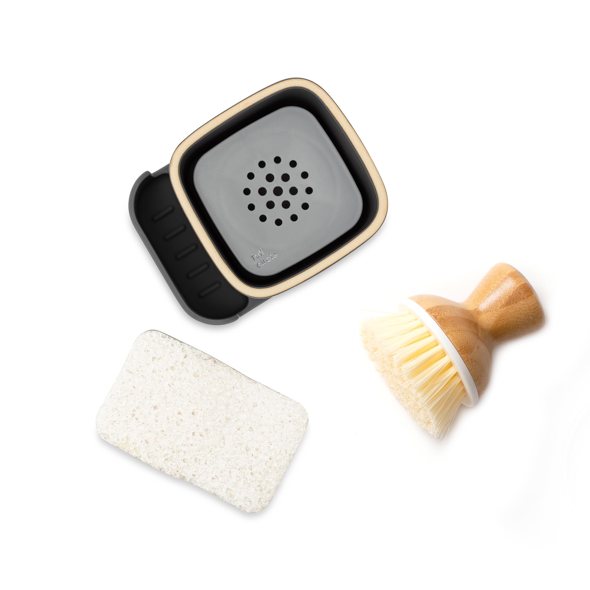 Full Circle Bubble Up Combo - Elegant Gray Ceramic Soap Dish With Eco Sponge & Bamboo-Handled Dish Brush - Versatile Natural Kit