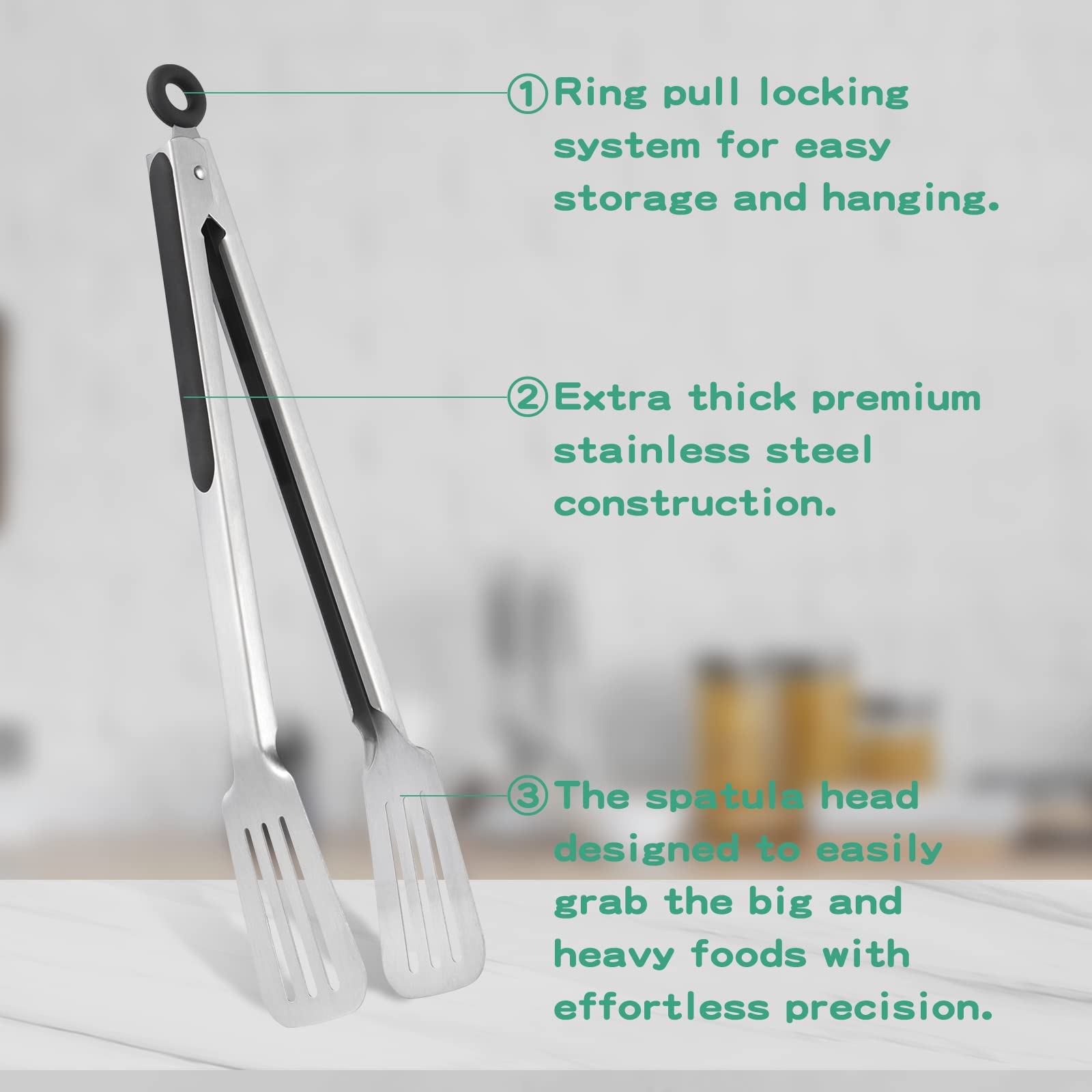 Lebabo Metal Tongs For Cooking, Set Of 2 Stainless Steel Spatula Tongs For Grilling, Cooking And Flipping, Strong Grip For Ribs,