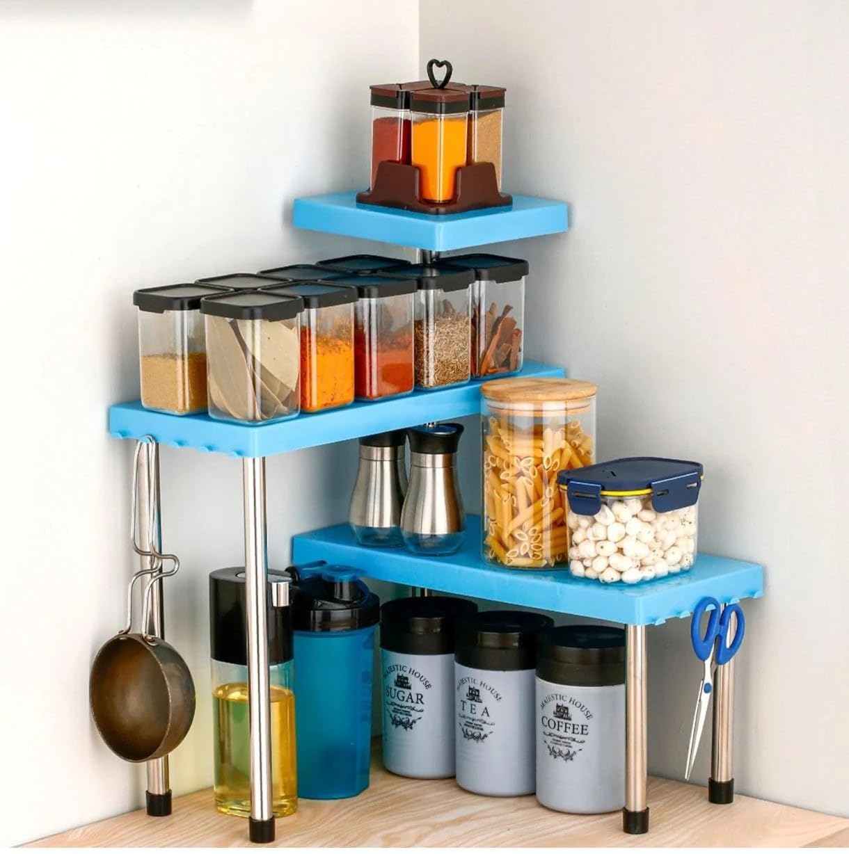 3Tier MultiPurpose Wooden Rack  Moveable Corner Shelf Countertop Organizer For Kitchen, Bathroom, Coffee Area, Office & Gard