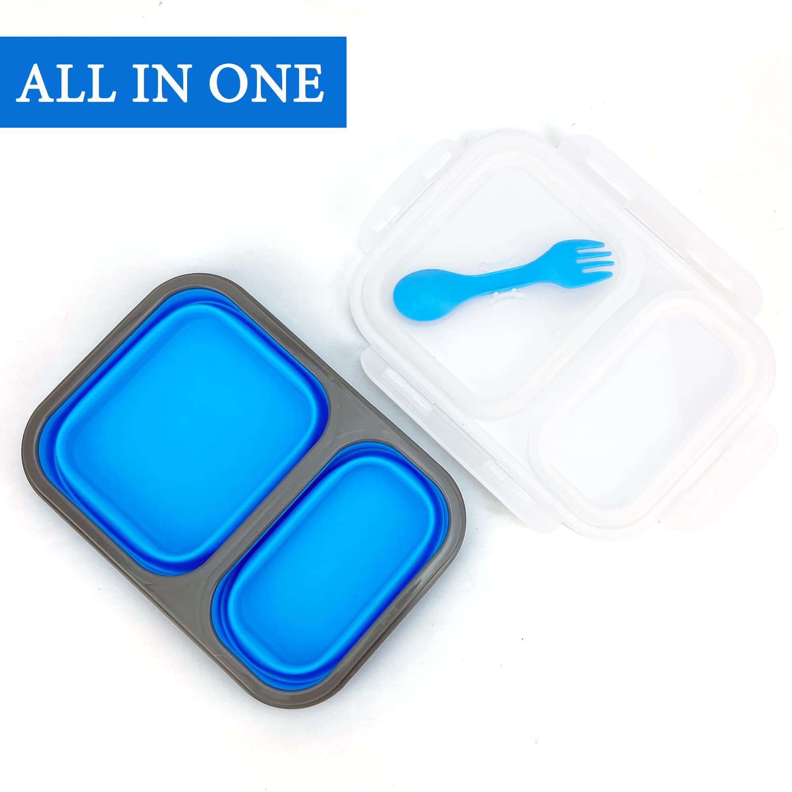 Lunbengo 2 Compartments Collapsible Airtight Bento Box With Ideal Portion 600Ml & 450Ml And 2 In 1 Spoon & Fork, Food Grade Sili