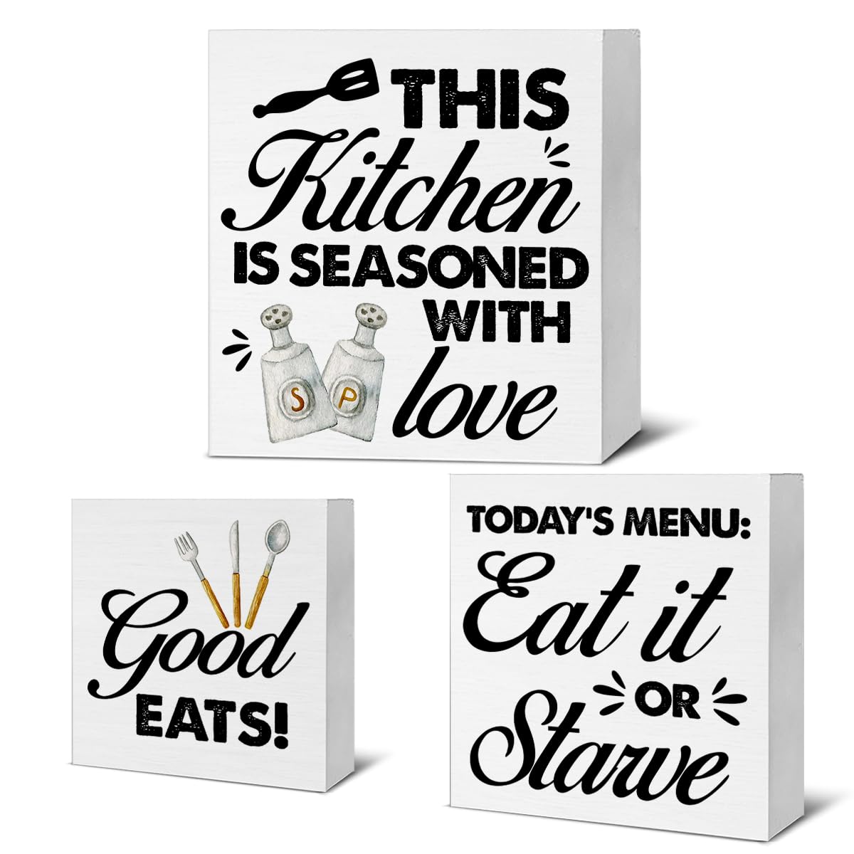 Qlnuk Kitchen Wood Signs Home Decor Funny Kitchen Wooden Blocks Signs for Tiered Tray Table Desk Shelf Decor Set of 3