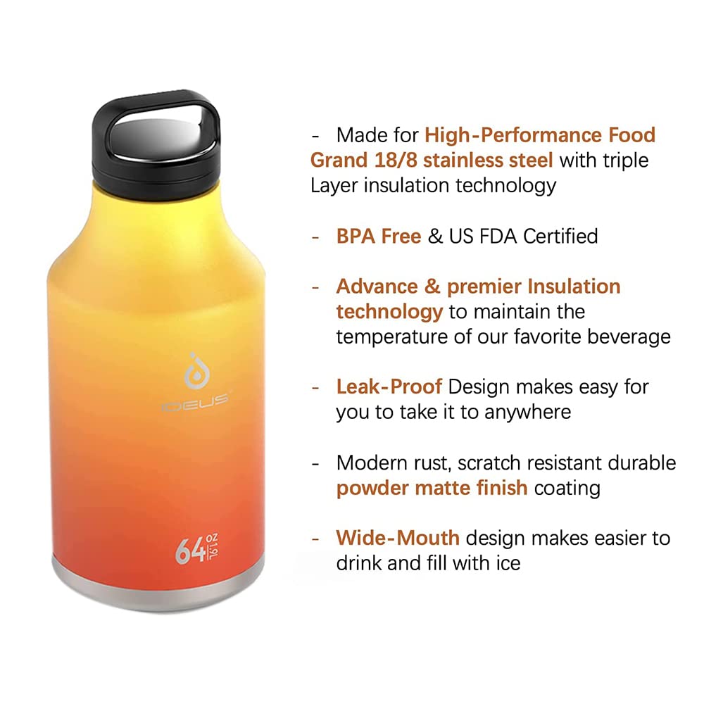 Ideus Insulated Stainless Steel Water Bottle With 2 Leak-Proof Lids, Thermal Water Flask For Hiking Biking, 64Oz, Yellow