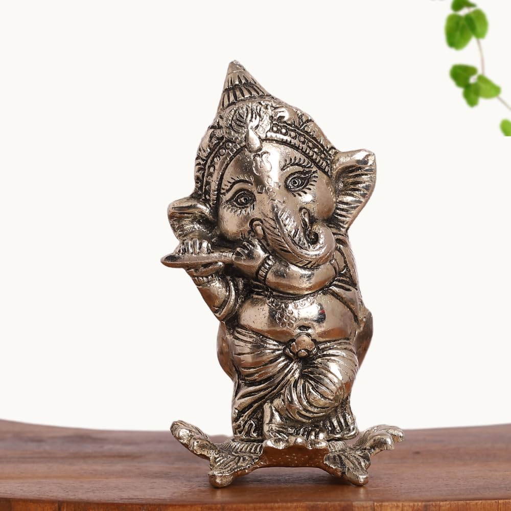 Smiles Gift Silver Plated Ganesh Idol With Playing Flute Statue | Aluminium Figurines | Showpiece For Table, Pooja, Mandir & Ret