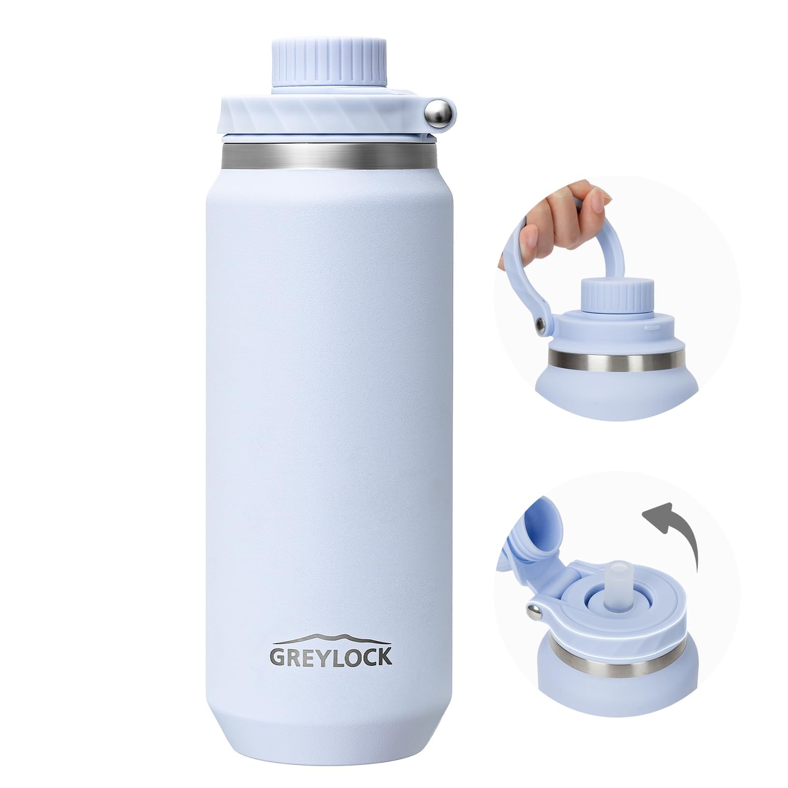 GREYLOCK 24 oz Insulated Water Bottle with Straw Lid, Leakproof Reusable Stainless Steel Vacuum Flask, 24hr Cold & Hot, Carry Ha