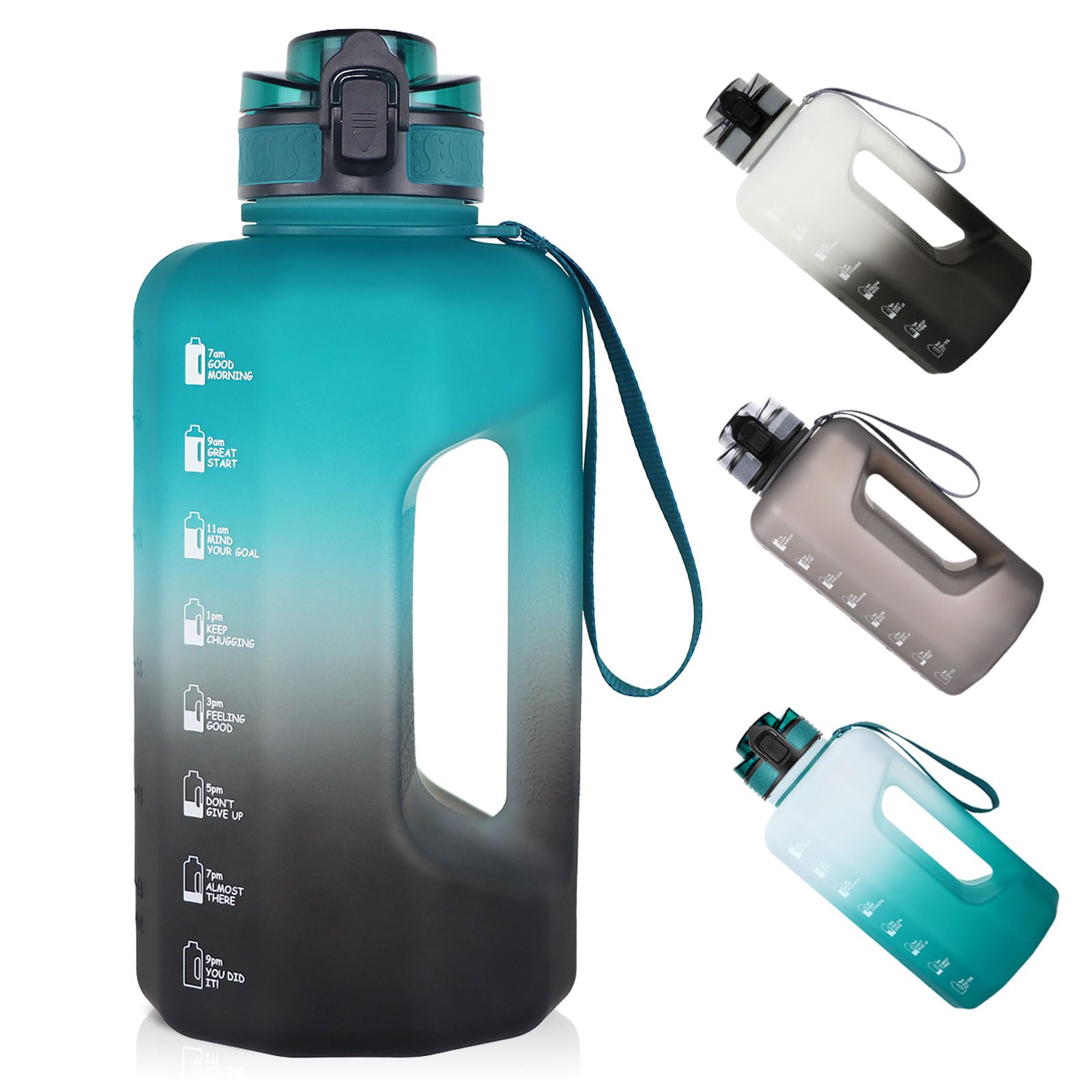 GEMFUL Half Gallon Water Bottle with Time Marker Handle 74oz BPA-Free Leakproof Jug for Gym Hiking Camping 2.2L Motivational Spo