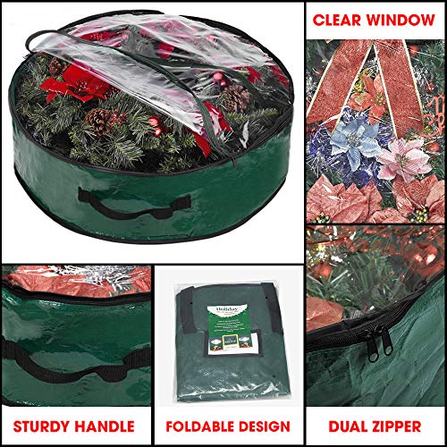 Propik Christmas Wreath Storage Bag 24'' - Garland Holiday Container With Clear Window - Tear Resistant Fabric - 24'' X 24'' X 8