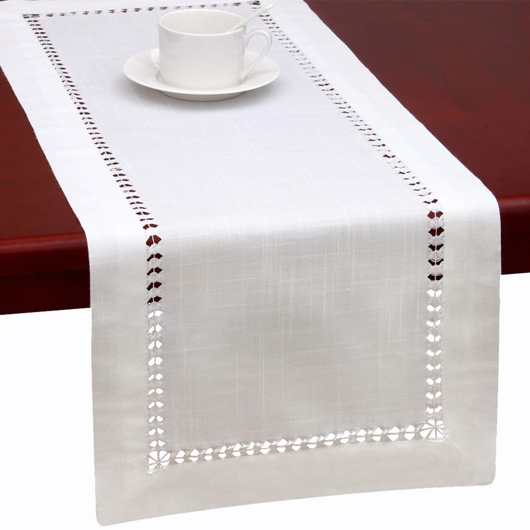 Grelucgo Handmade Hemstitched Natural Rectangle White Lace Table Runners (14X108 Inch)