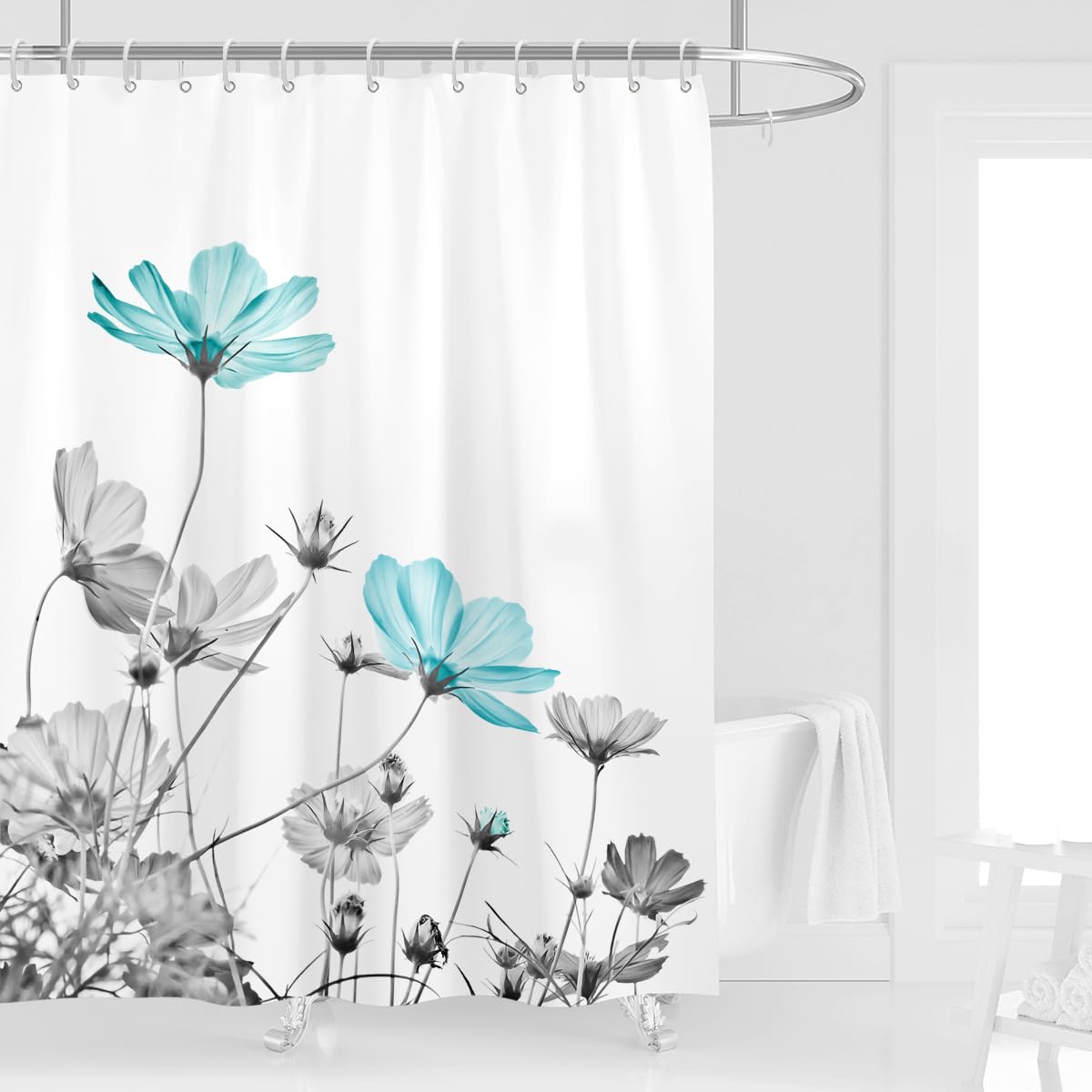 Kikiry Teal And Gray Floral Shower Curtain 54''W X 78''L Daisy Flower Elegant Wildflower Design Polyester Fabric Waterproof 9 Pa