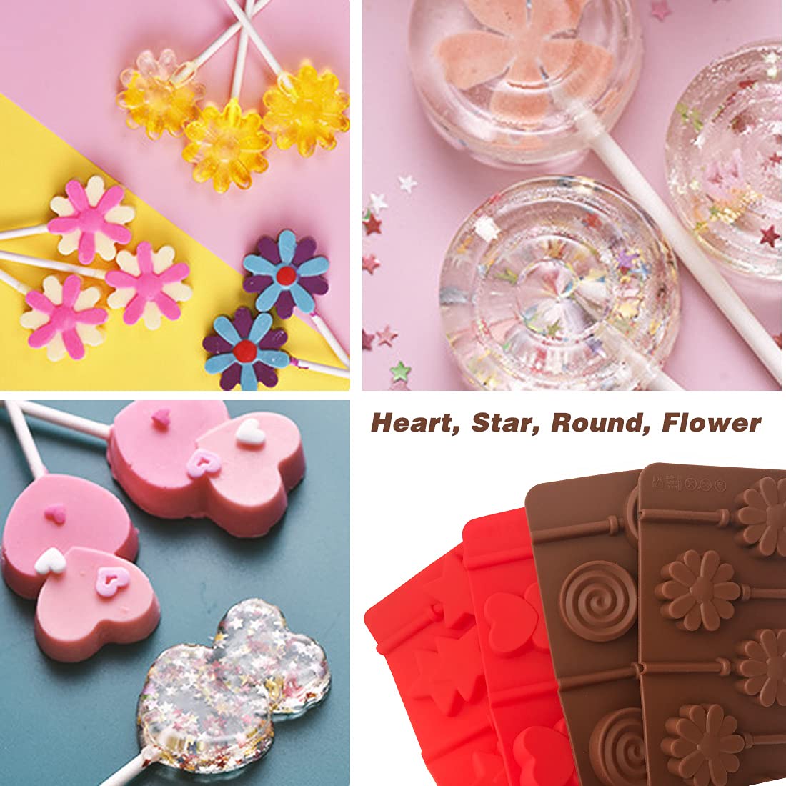 Set Of 4 Silicone Lollipop Molds (Heart, Star, Round, Flower), Tunan 6-Cavity Molds Chocolate Hard Candy Jelly Fondant Mould Wit