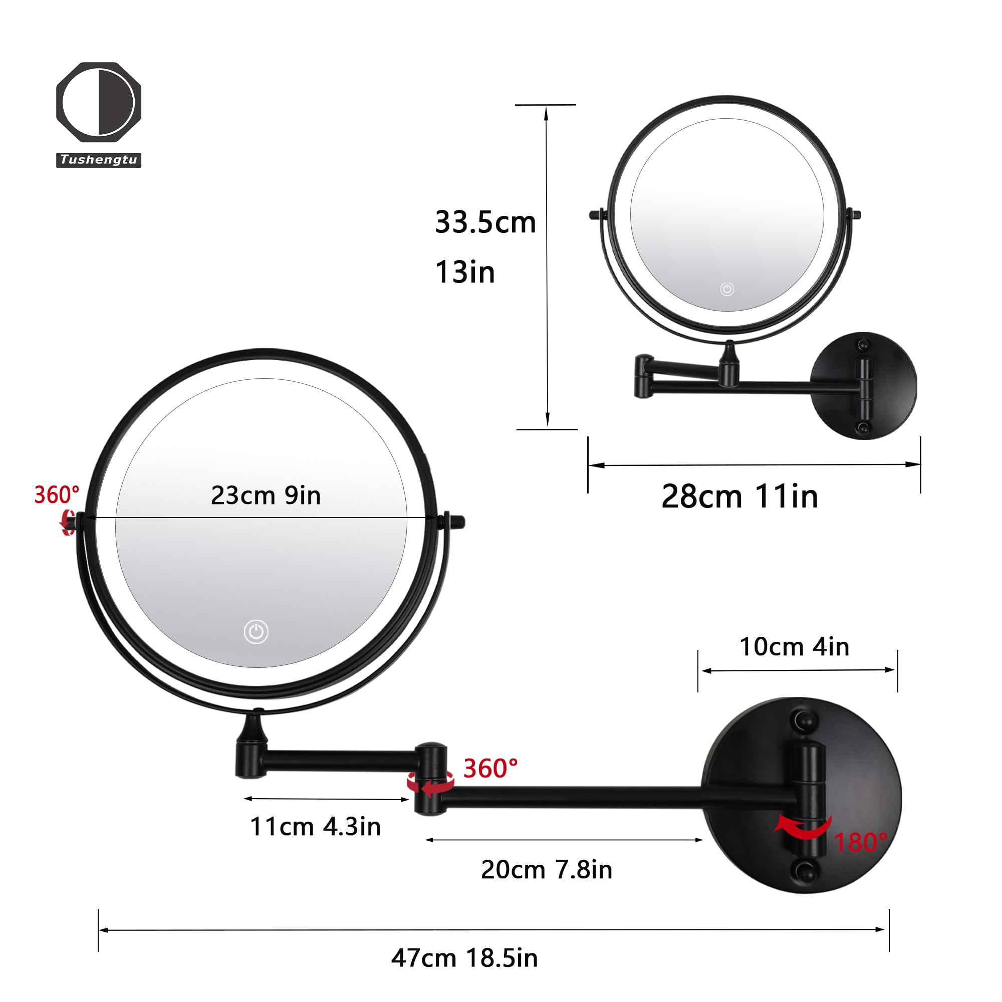 9'' Large Black Wall Mount Magnifying Mirror With Light, Tushengtu 3000Mah Rechargeable Lighted Makeup Vanity Mirror Wall Mounte