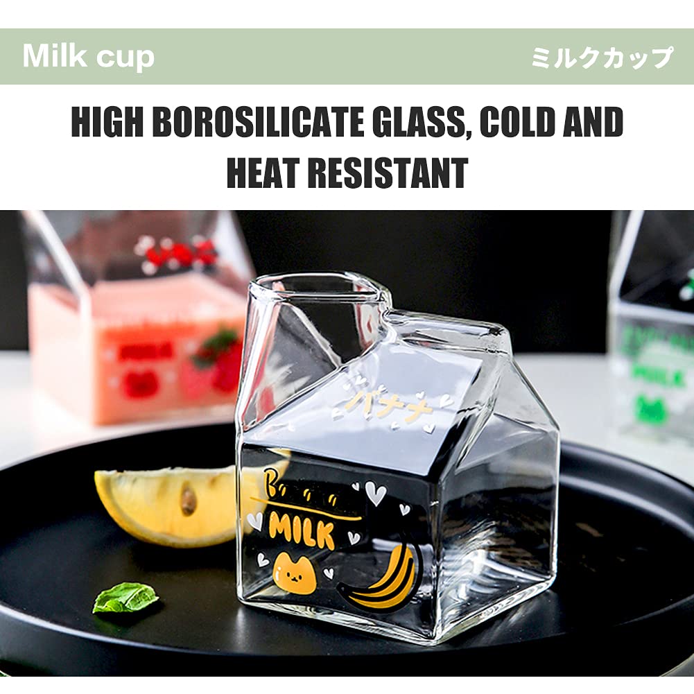 Blsky Kawaii Glass Milk Carton Cup Microwavable 12 Oz Cute Milk Cups Mini Creamer Container Strawberry Square Breakfast Mug Glas