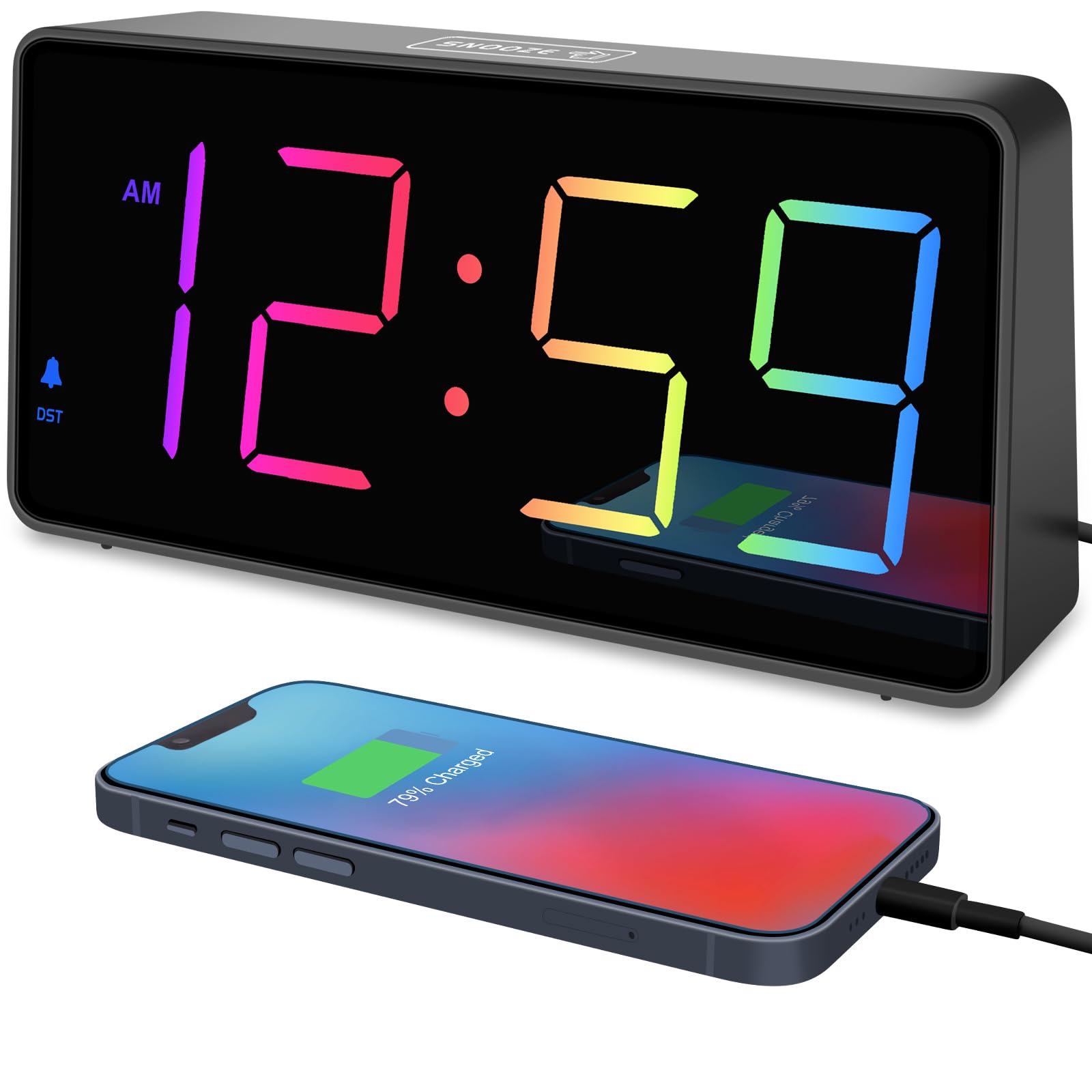 Peakeep Digital Alarm Clock for Bedroom Bedside, Extra Loud for Heavy Sleepers Adults, Large RGB Color Changing Colorful LED Big