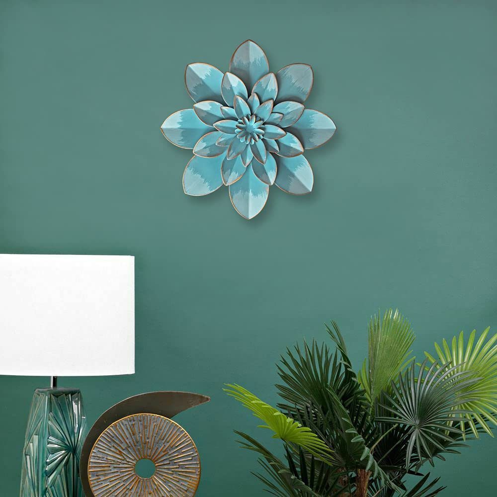 Picfarce Light Sky Blue Metal Flower Wall Art Decor, 95A Rustic Modern Floral Sculpture, Distressed Hanging Home Decoration Acce