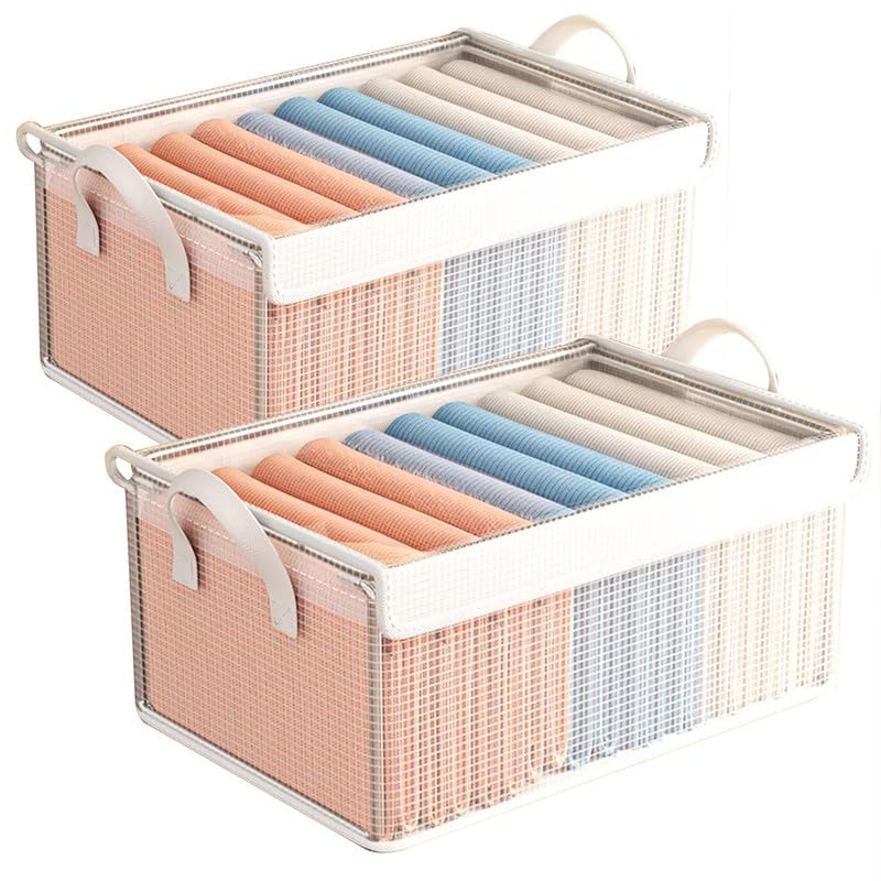 Waqif Transparent Storage Organiser Box For Clothes With Steel Frame & Handle, Foldable Closet Basket For Wardrobe, Cupboard, Al