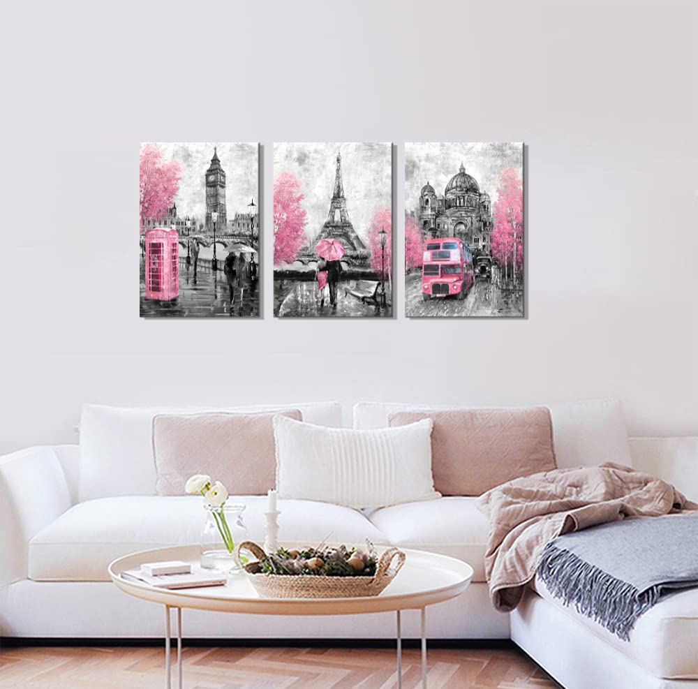 Canvaszon Wall Art For Bedroom Bathroom Pink And Gray Paris Canvas Art Girls Room Decor Paris Theme Rustic Canvas Print Art For
