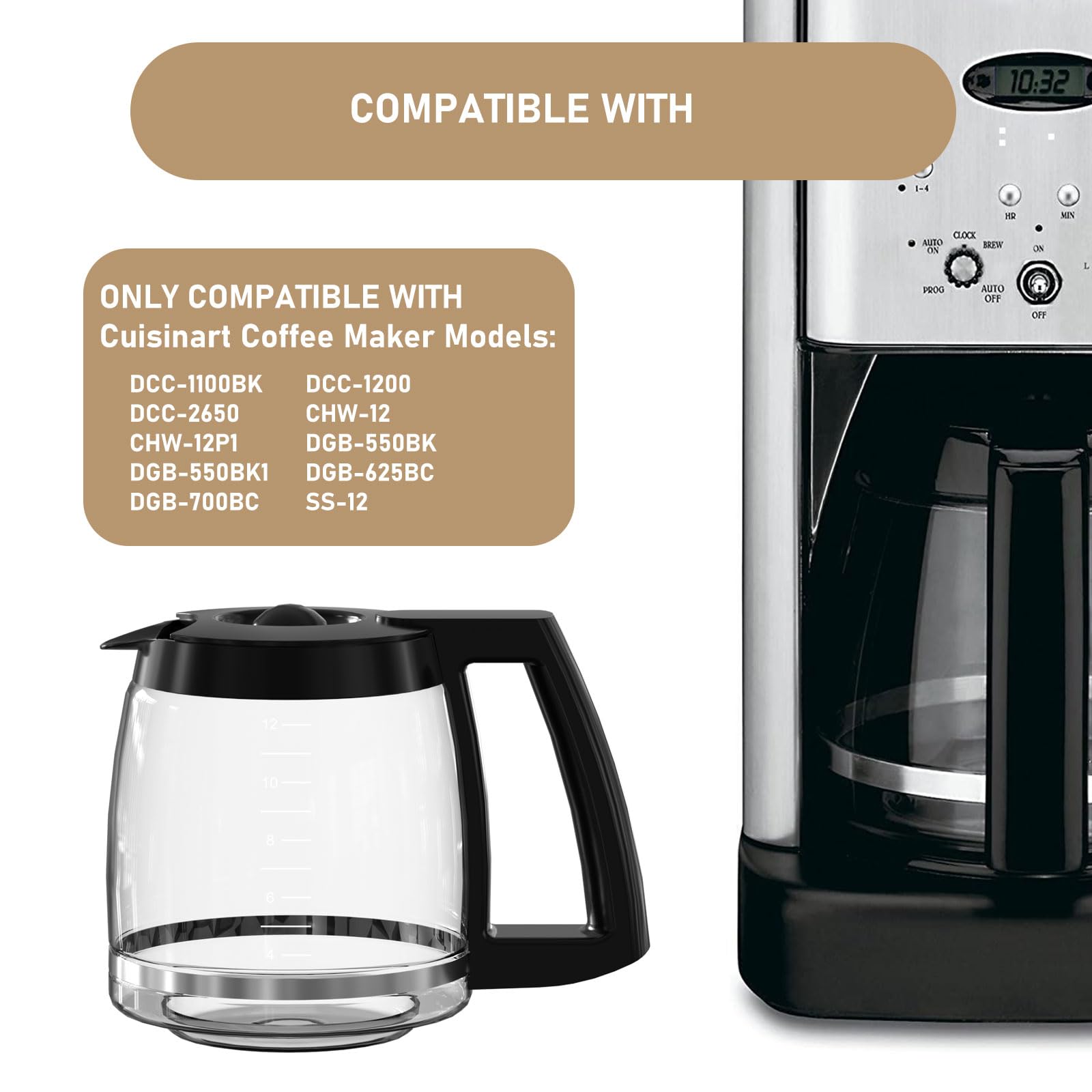 12 Cup Coffee Maker Carafe Replacement Compatible With Cuisinart Coffee Maker Dcc-1100Bk, Dcc-1200, Dcc-2650, Chw-12, Chw-12P1,
