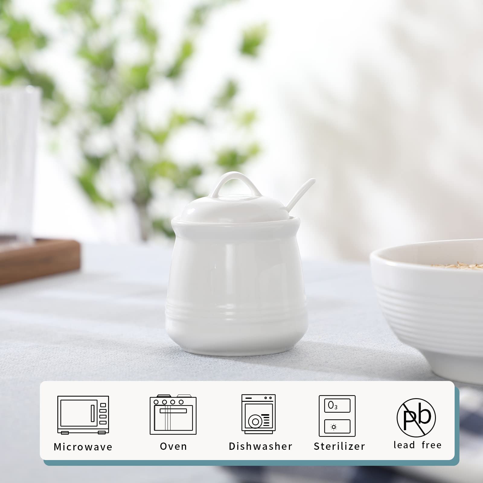 HAOTOP Porcelain Sugar Bowl with Spoon and Lid, 12 oz, White Ceramic Salt Bowl for Home and Kitchen