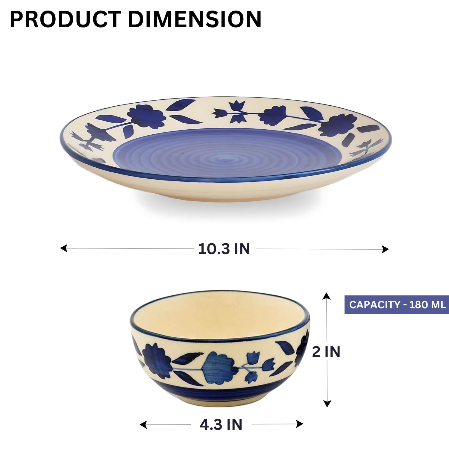 Yourowndcor Handcrafted Ceramic Blue Floral 12 Pieces Dinner Set - 6 Full Plate 10 inch, 6 Serving Bowls 4 inch| Microwave Safe,