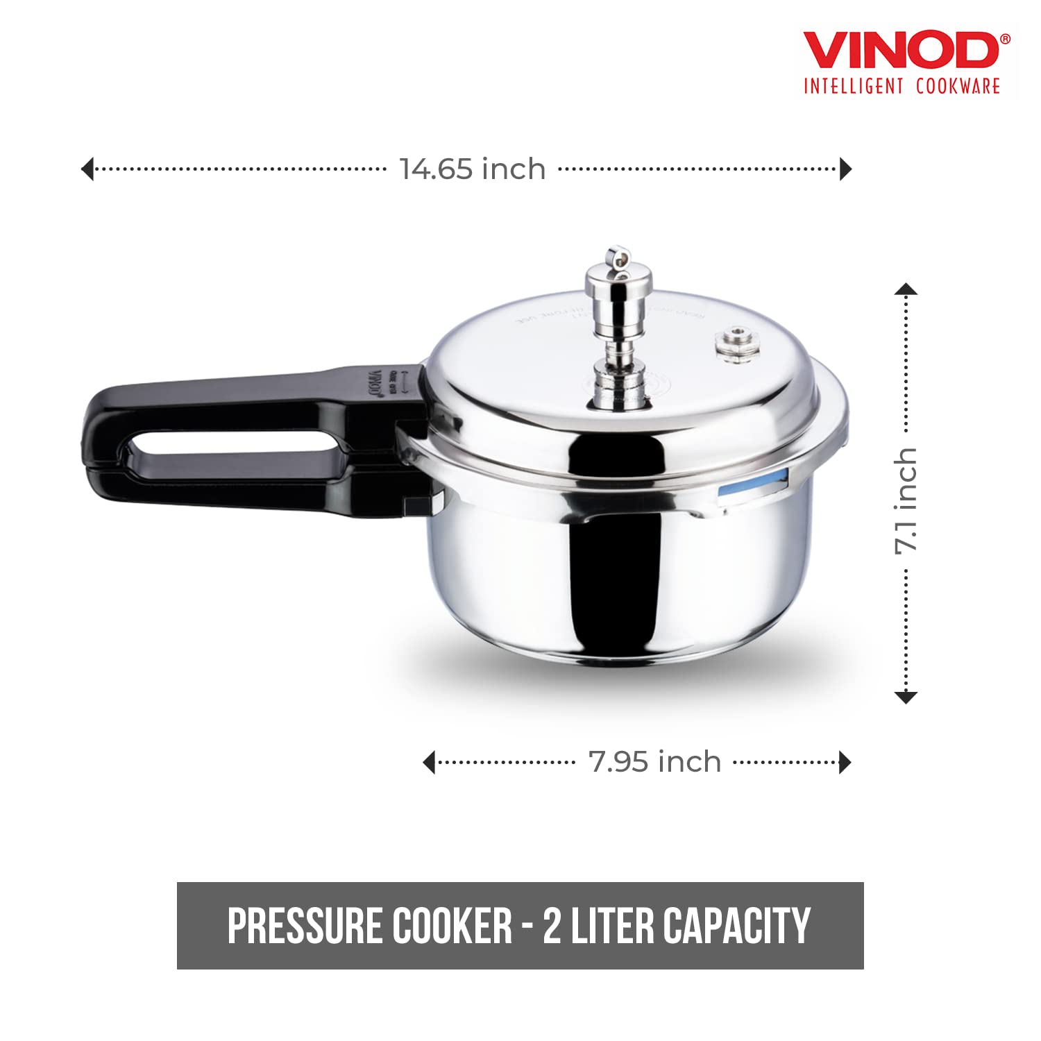 Vinod Pressure Cooker Stainless Steel - Outer Lid - 2 Liter - Induction Base Cooker - Indian Pressure Cooker - Sandwich Bottom -