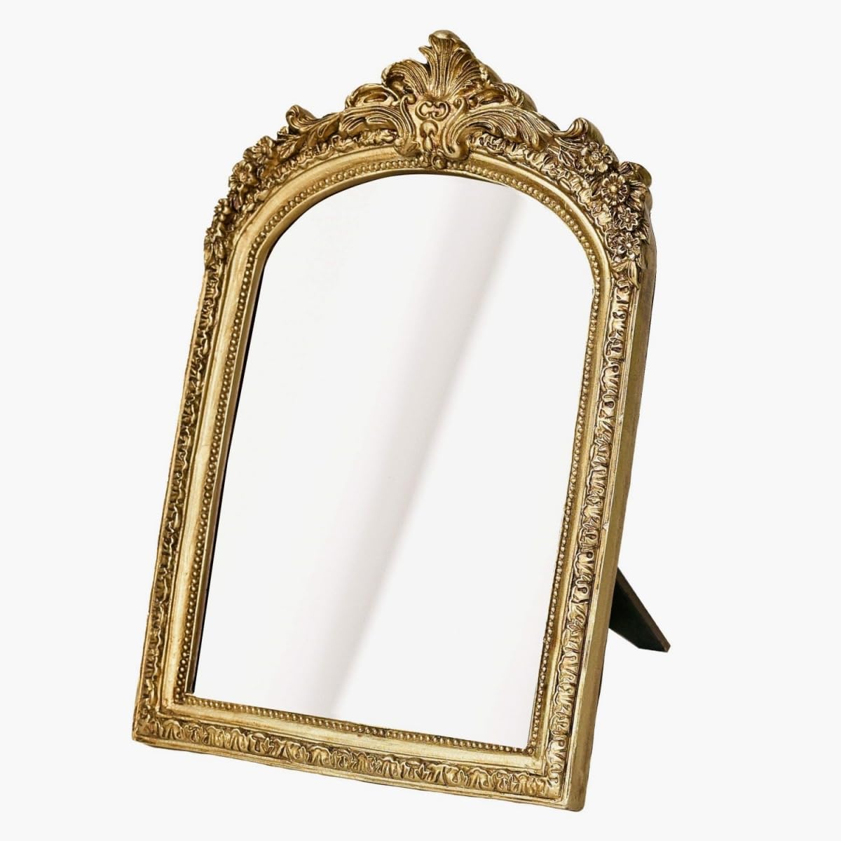 Hsddhome Small Gold Vintage Vanity Desk Makeup Mirror Antique Decorative Wall Mirror,Resin Carved Arch Table Mirror With Stand F