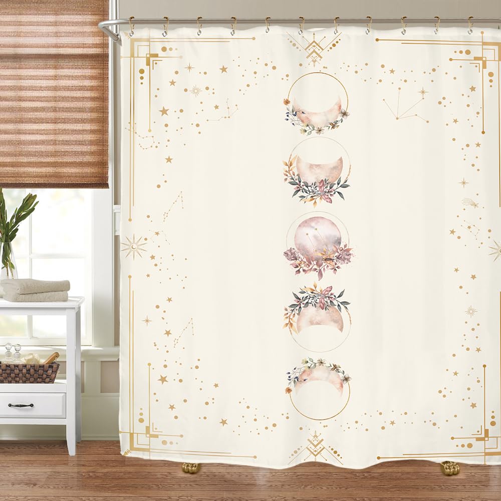 Miyotaa Moon Phase Celestial Moonlit Gothic Shower Curtain Set 71Wx71H Inches Zodiac Constellation Astrology Tarot Witch Floral