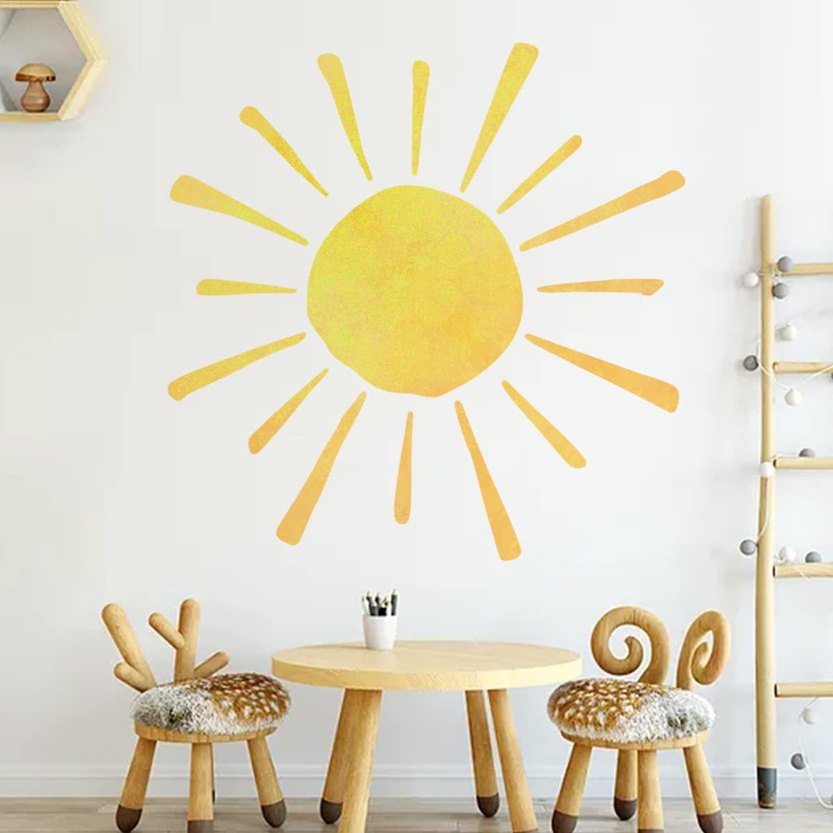 35.4'' X 35.4'' Watercolor Boho Sun Wall Decals Peel And Stick, Pvc Sunrise Wall Stickers, Yellow Sunshine Wall Art Decor For Ki