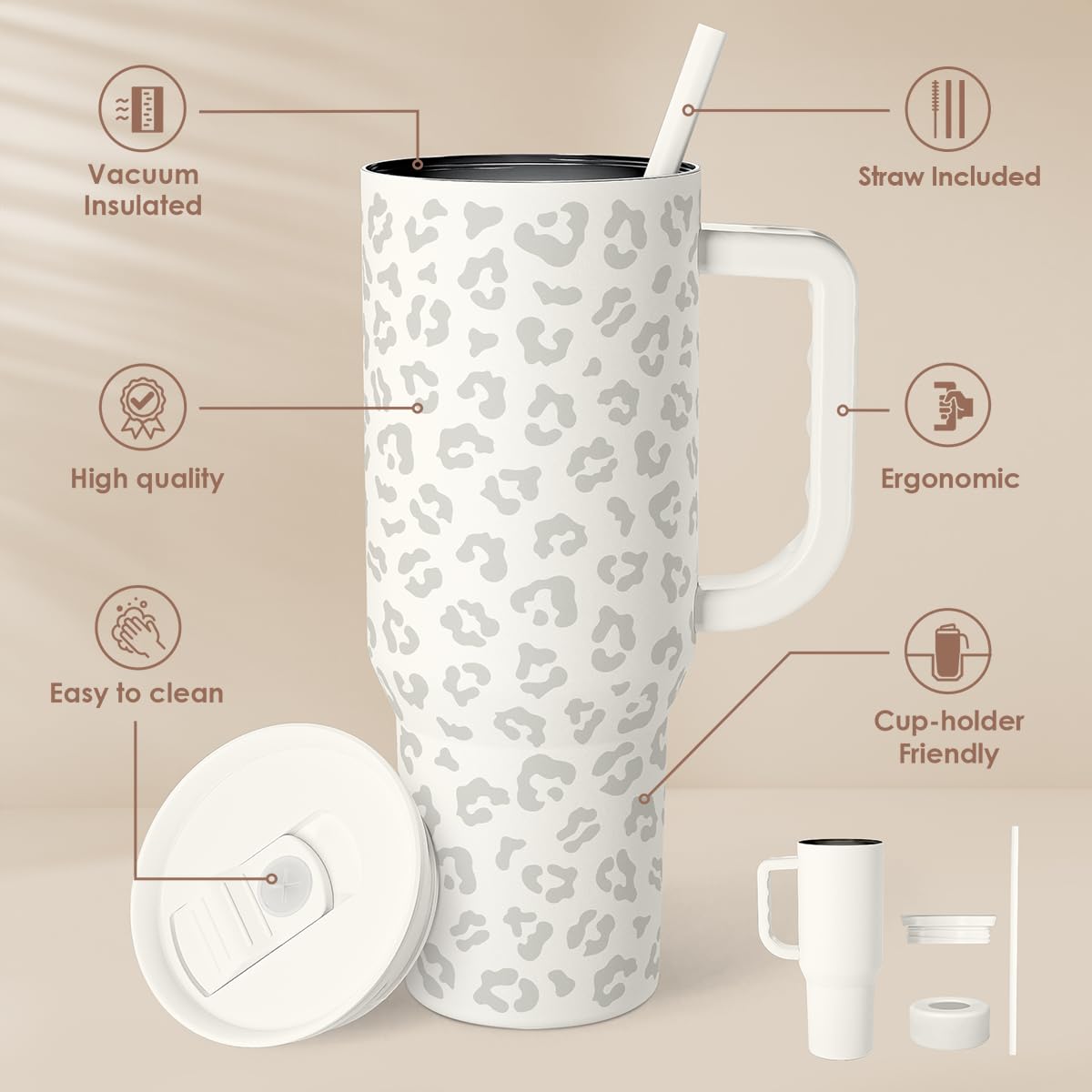 Leopard Tumbler with Handle, Insulated Cup Stainless Steel Travel Mug Cup, Gifts for Women Girl on Birthday Christmas, Cream Leo