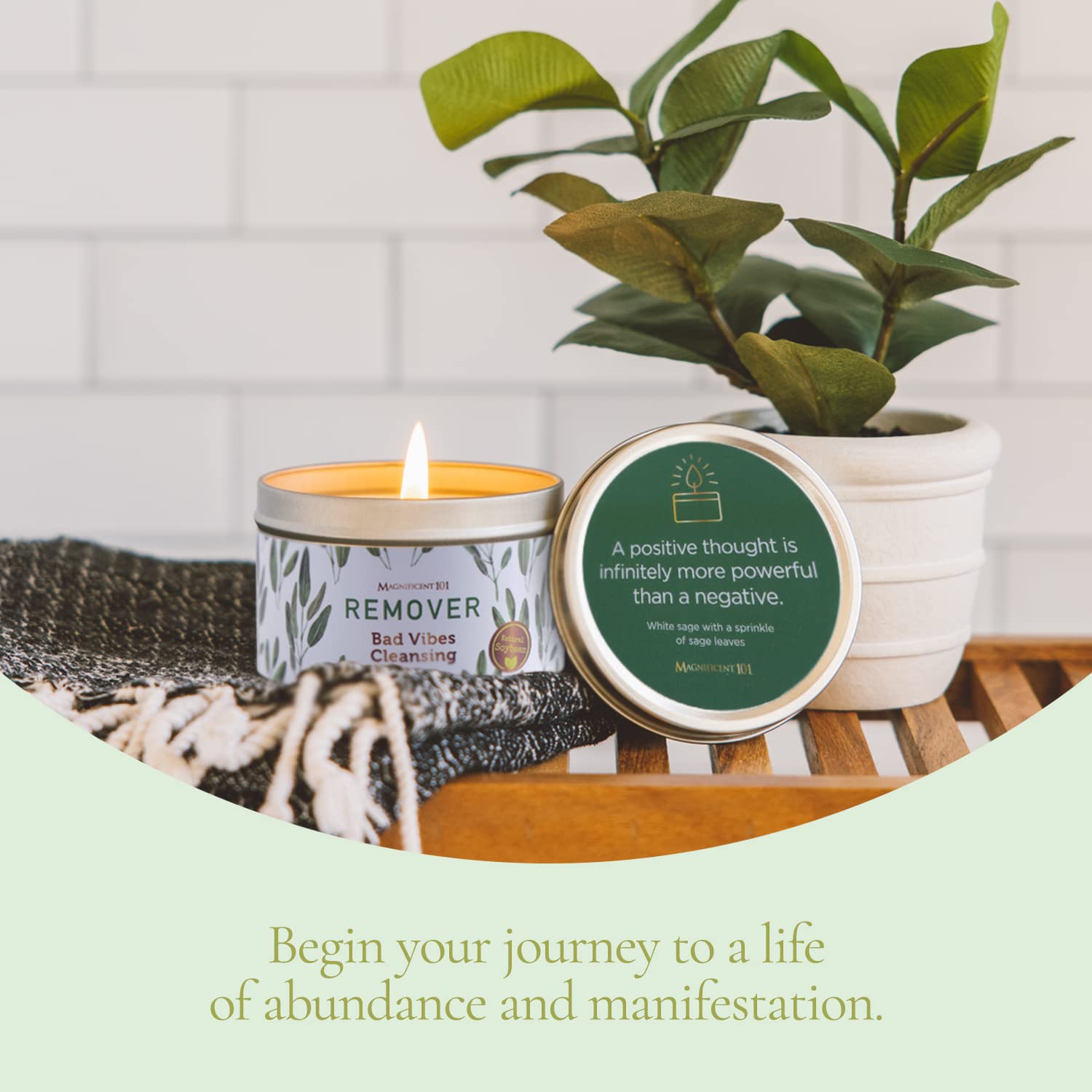 Magnificent 101 Bad Vibes Remover Aromatherapy Candle in 6-oz. Tin Holder: 100% Natural Soy Wax with Pure Sage Leaves & Essentia