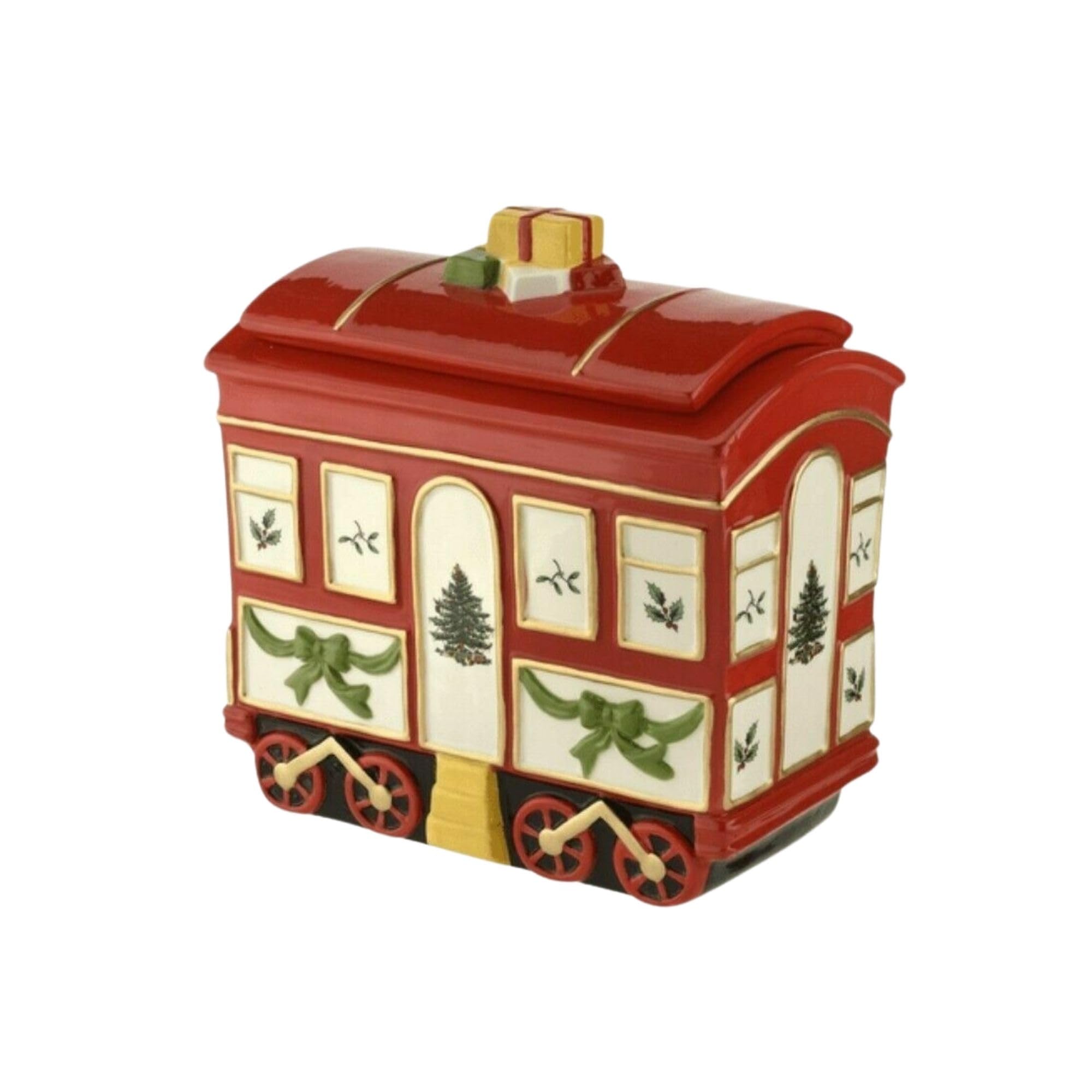 Spode Christmas Tree Cookie Jar with Lid, 8.5 Ceramic Holiday Train Car Dish for Cookies, Candy, Nuts - Festive Christmas Home D
