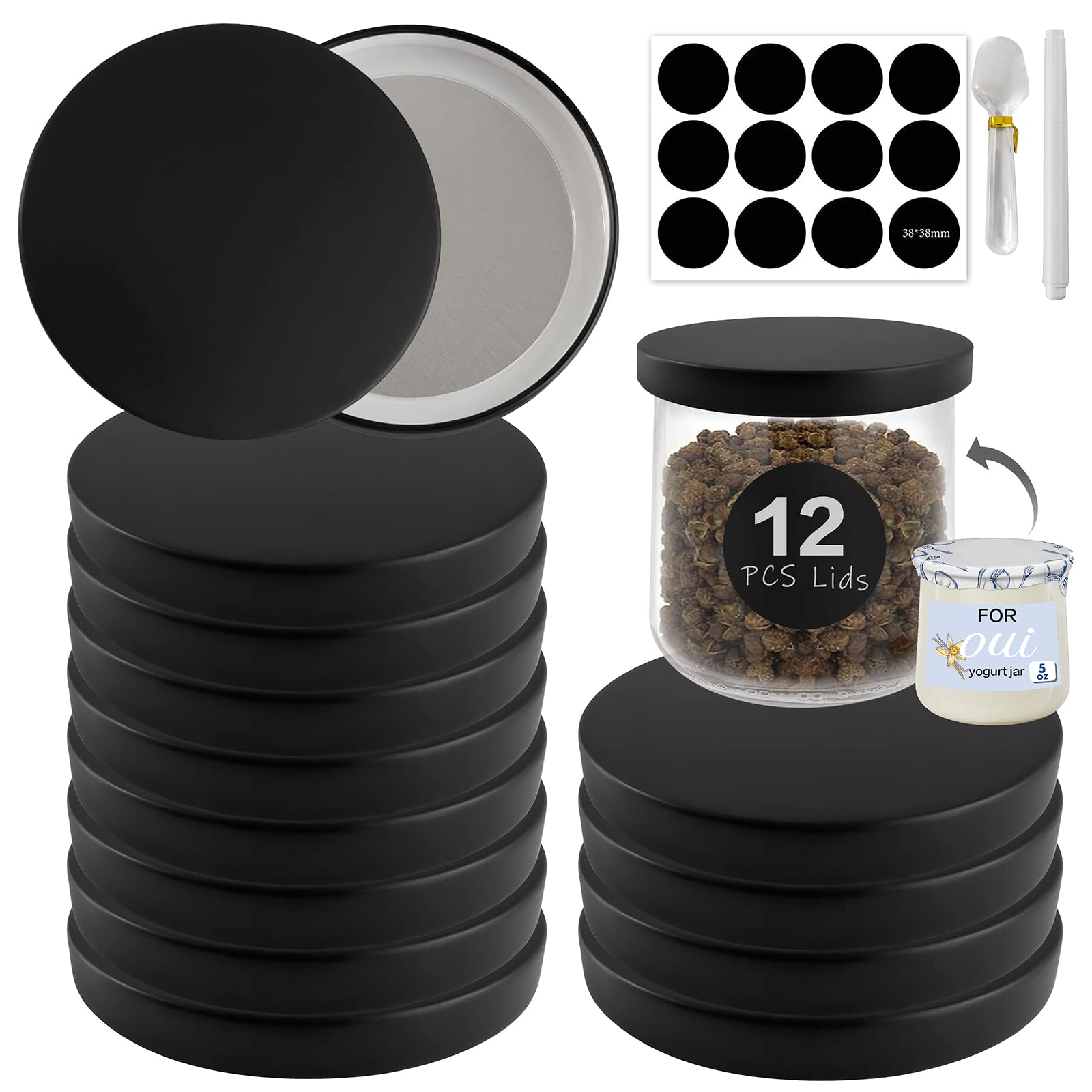Oui Yogurt Jar Lids Metal -12 Pack Oui Lids Black Lids With Gasket For Yoplait Yogurt Container