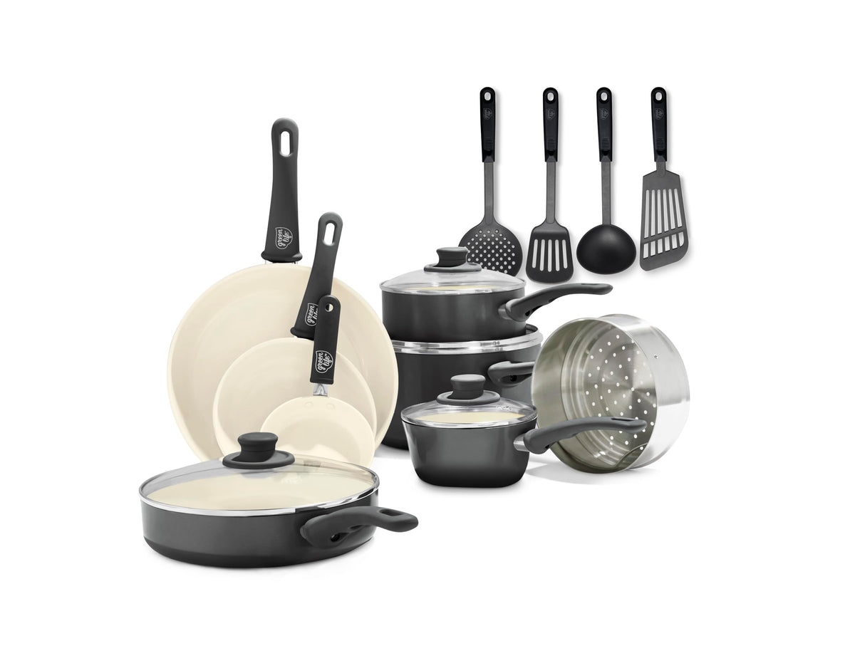 GreenLife Soft Grip 16 Piece Cookware Set, Non-Toxic PFAS-Free Ceramic Nonstick, Frying, Sauce, Saute, Utensils, Glass Lids, Sta