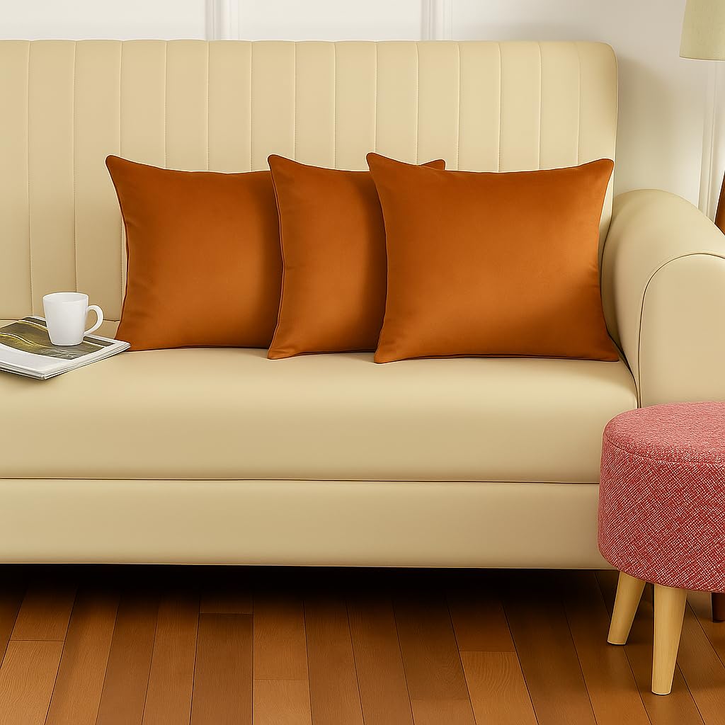 Stuffique Velvet Pillow Solid Plain 190 Tc Cushion Covers Pack Of 3 (16 X 16 Inch) Orange
