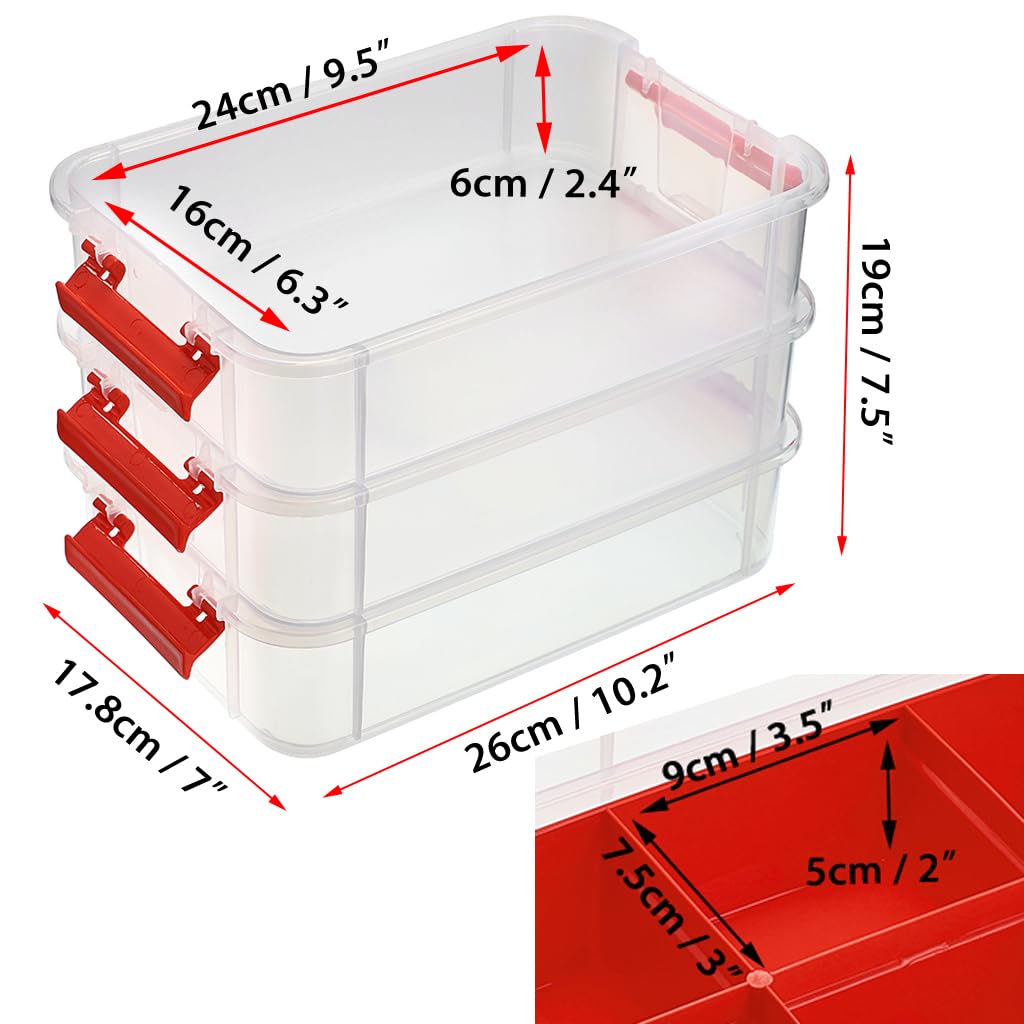 JUXYES 3-Tiers Stack Carry Storage Box With Divided Tray  Transparent Stackable Storage Bin With Handle Lid Latching Storage Container for School & Office Supplies (Red)