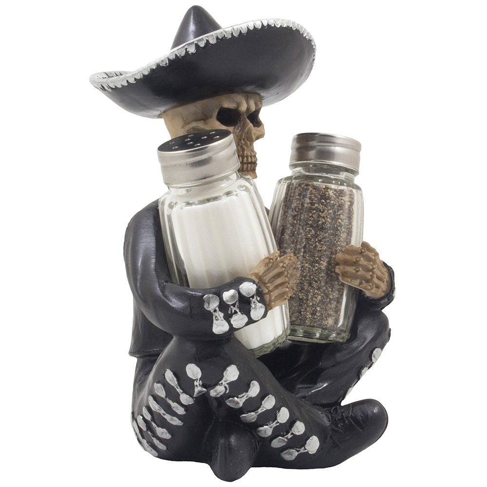 Dia de Los Muertos Mariachi Skeleton Salt and Pepper Shaker Set with Decorative Figurine Holder for Day of the Dead Mexican Fest
