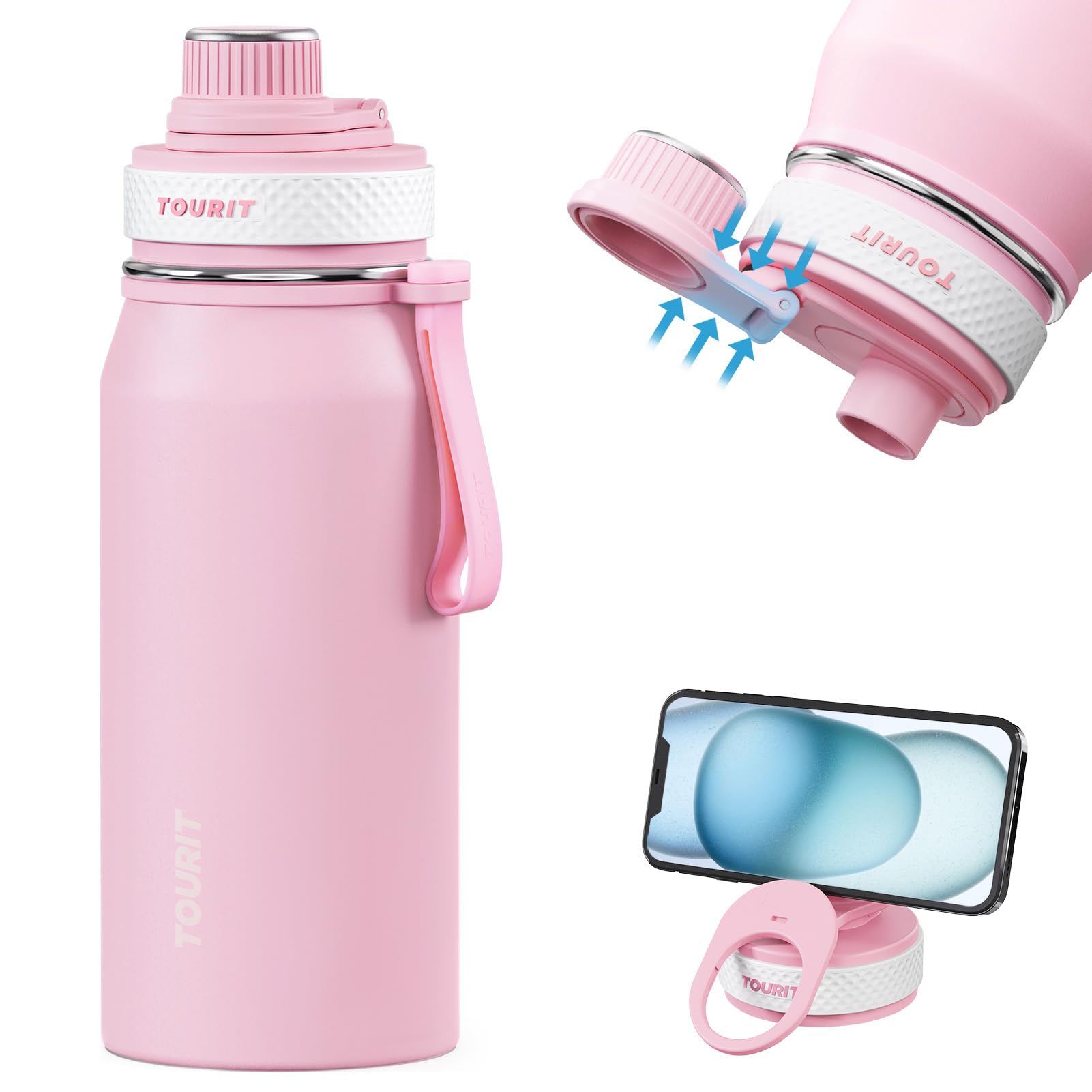 TOURIT 32oz Stainless Steel Wide Mouth Water Bottle, DoubleWall Vacuum Insulation with Spout Lid for Sports and Travel, Pink