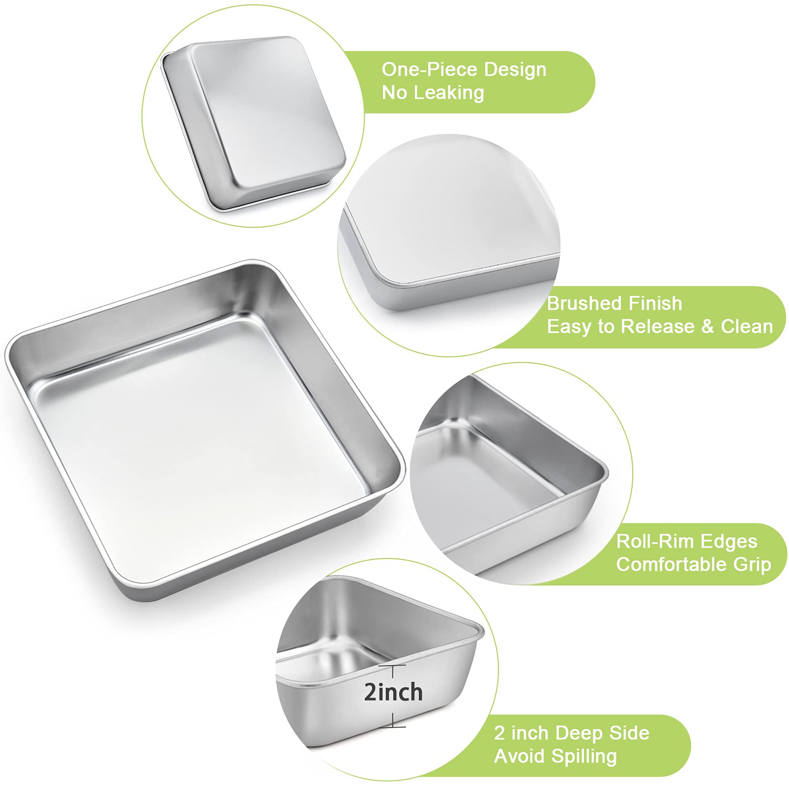 Teamfar Square Cake Pan, 9 Inch Stainless Steel Square Baking Roasting Pan For Cake Brownie Lasagna, Non-Toxic & Heavy Duty, One