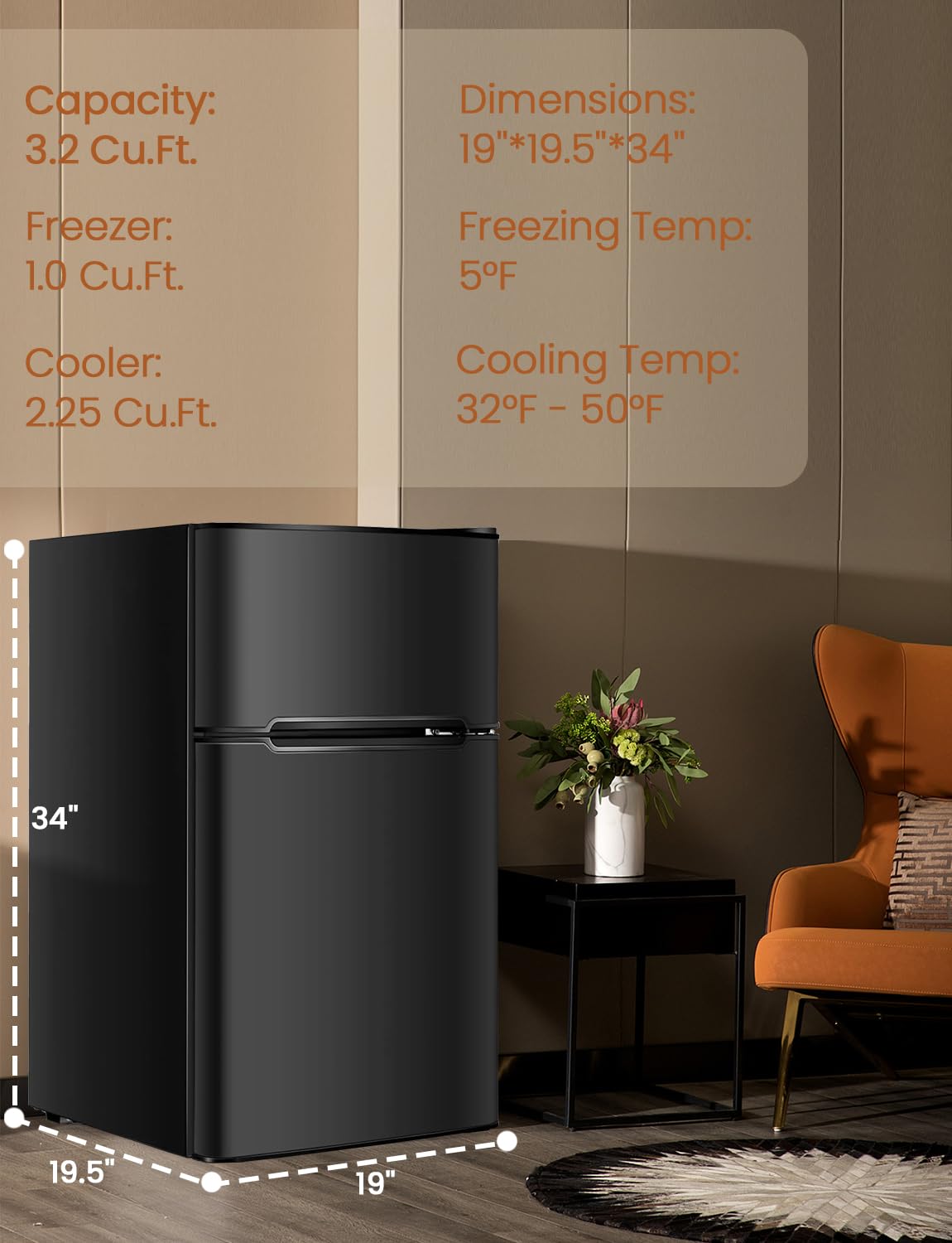 Nafort Mini Fridge With Freezer 3.2 Cu Ft. 2-Door Freezer Cooler Refrigerator With Reversible Door, Removable Glass Shelves&Draw