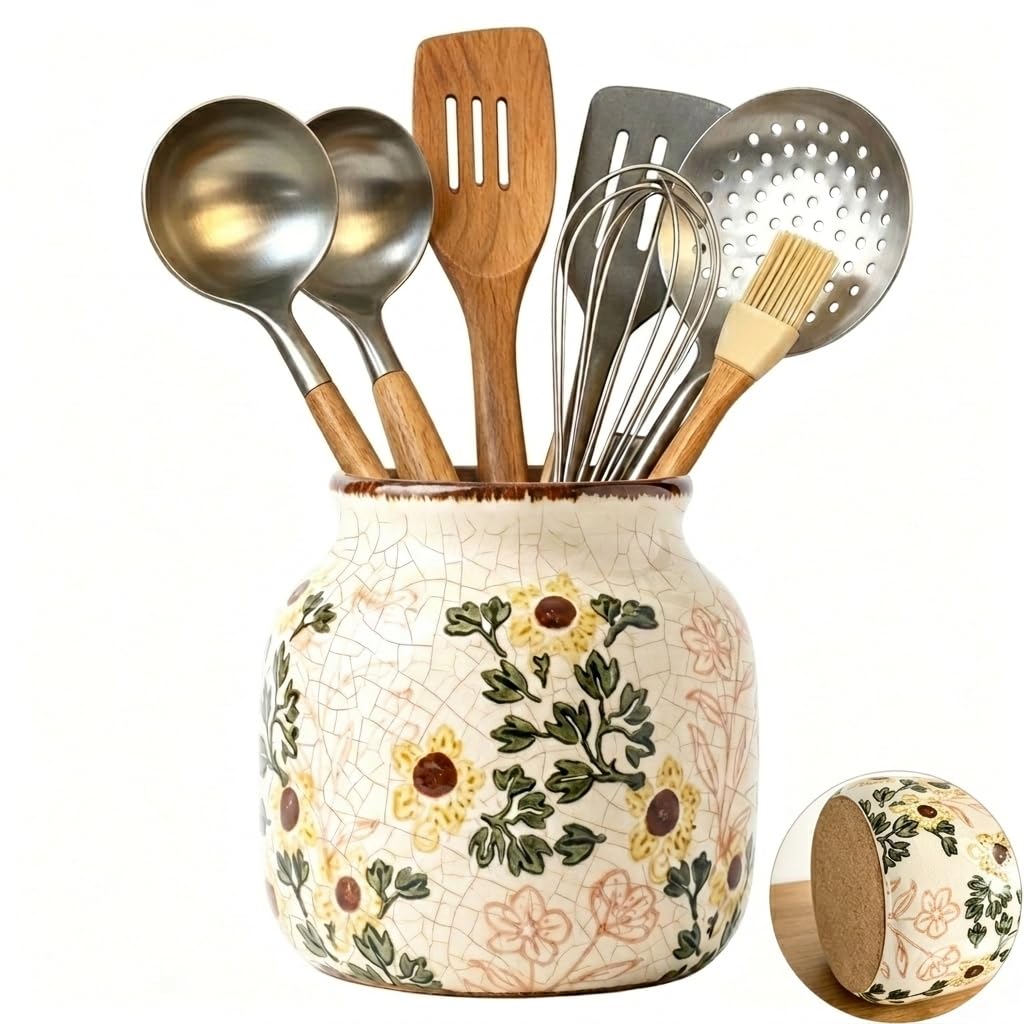BOATWAY Utensil Holder for Kitchen Counter, Modern Rustic Cooking Utensil Crock, 5.7 Inch Crackle Glazed Ceramic Organizer with 