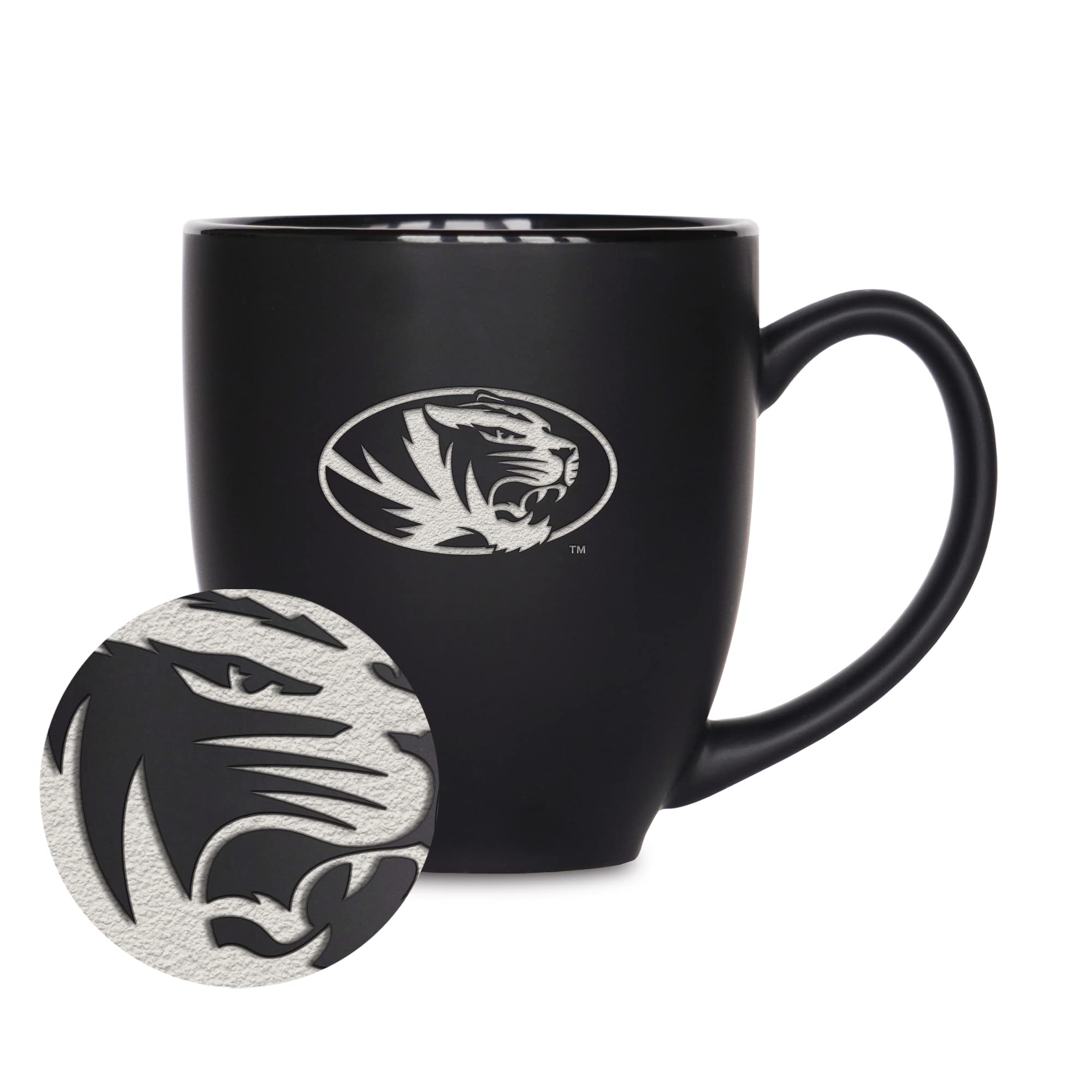 Rico Industries NCAA Missouri Tigers Main 15oz Laser Engraved Matte Black Ceramic Bistro Mug - For Hot or Cold Drinks