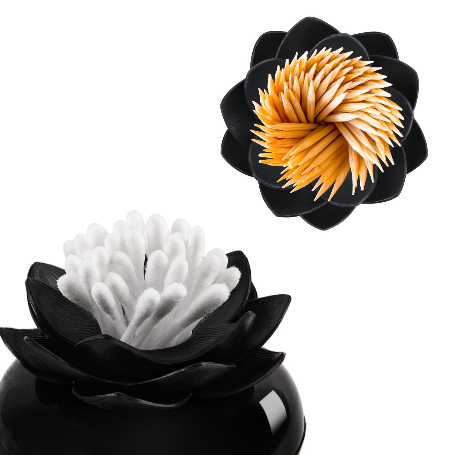 Bloss Lotus Cotton Swab Holder Cotton Swabs Bud Small QTips Box Toothpicks Container Flower Bathroom Decor - Black