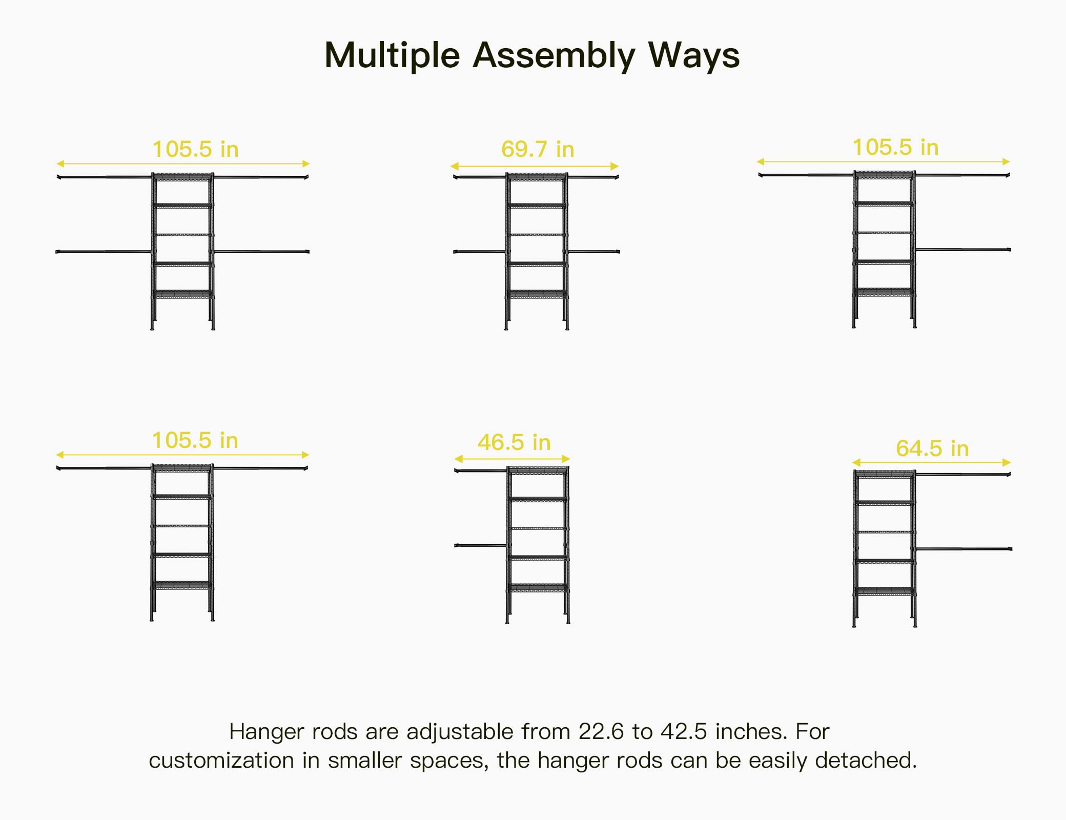 Ulif M2 Closet Organizer System, 5.9 Feet Height Mounted To The Wall Garment Rack With 4 Expandable Hanger Rods, 5 Shelves In 23