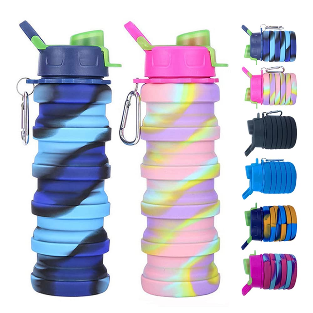 Konlongzan Collapsible Silicone Bottles 2 Pack - Expandable 500ml Portable Sport Bottles with Carabiner for Travel & Camping (Bl