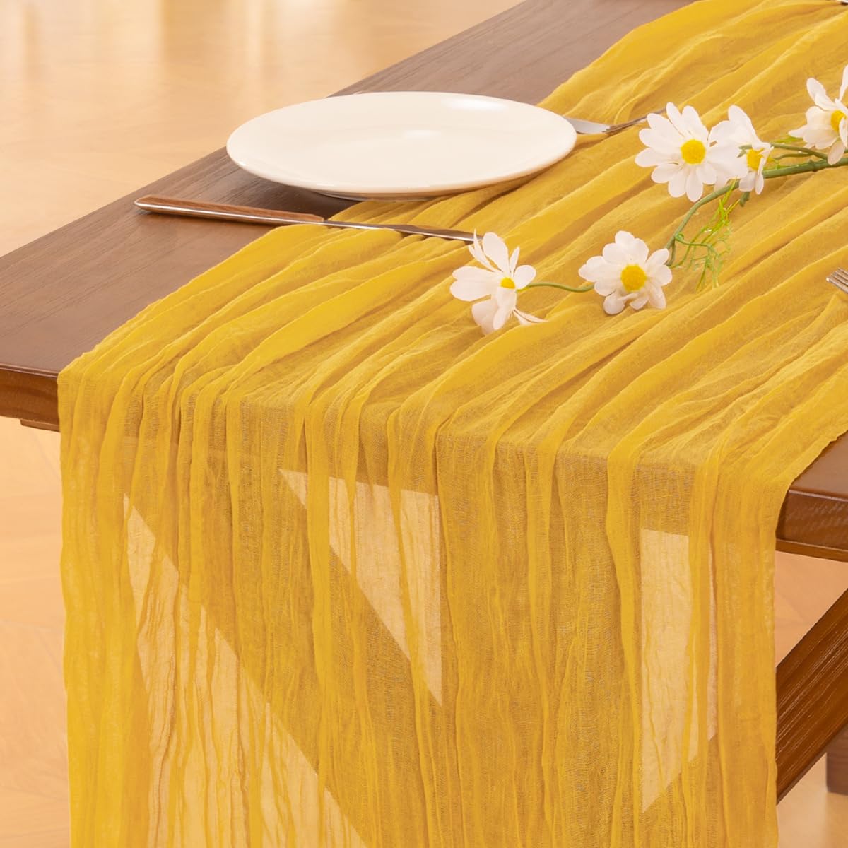 Socomi Gold Yellow Table Runner Spring Easter Cheesecloth Table Runner 170 Inch Cheese Cloth Runner 14Ft Boho Rustic Gauze Table