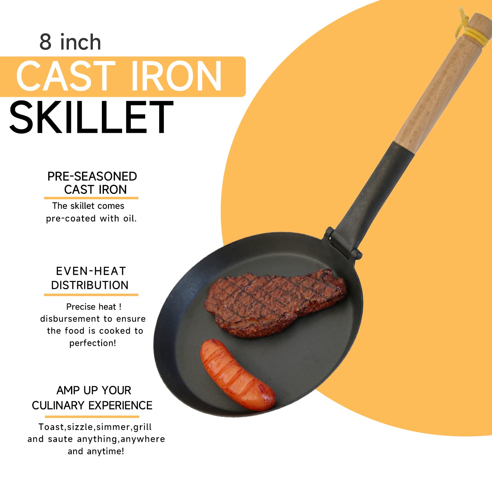 Keleday 8.2 Inch Cast Iron Skillets, Non Stick Frying Pan, Cast Iron Griddle Pan For Camping Indoor & Outdoor Use,Pre-Seasoned G