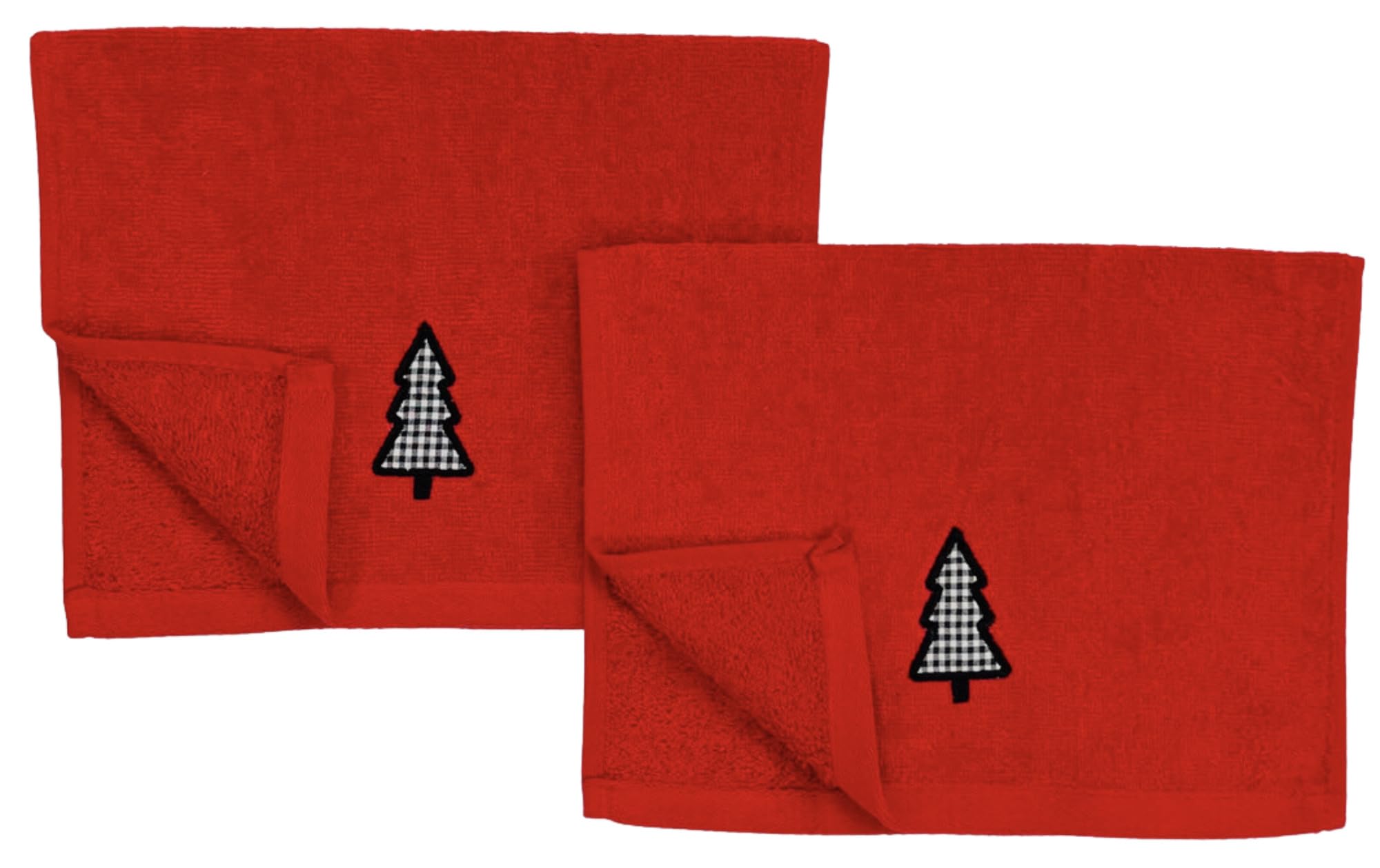Decorative Christmas Theme Red Towel Set: Luxury Bathroom Fingertip Towels, Embroidered Check Tree Set Of 2