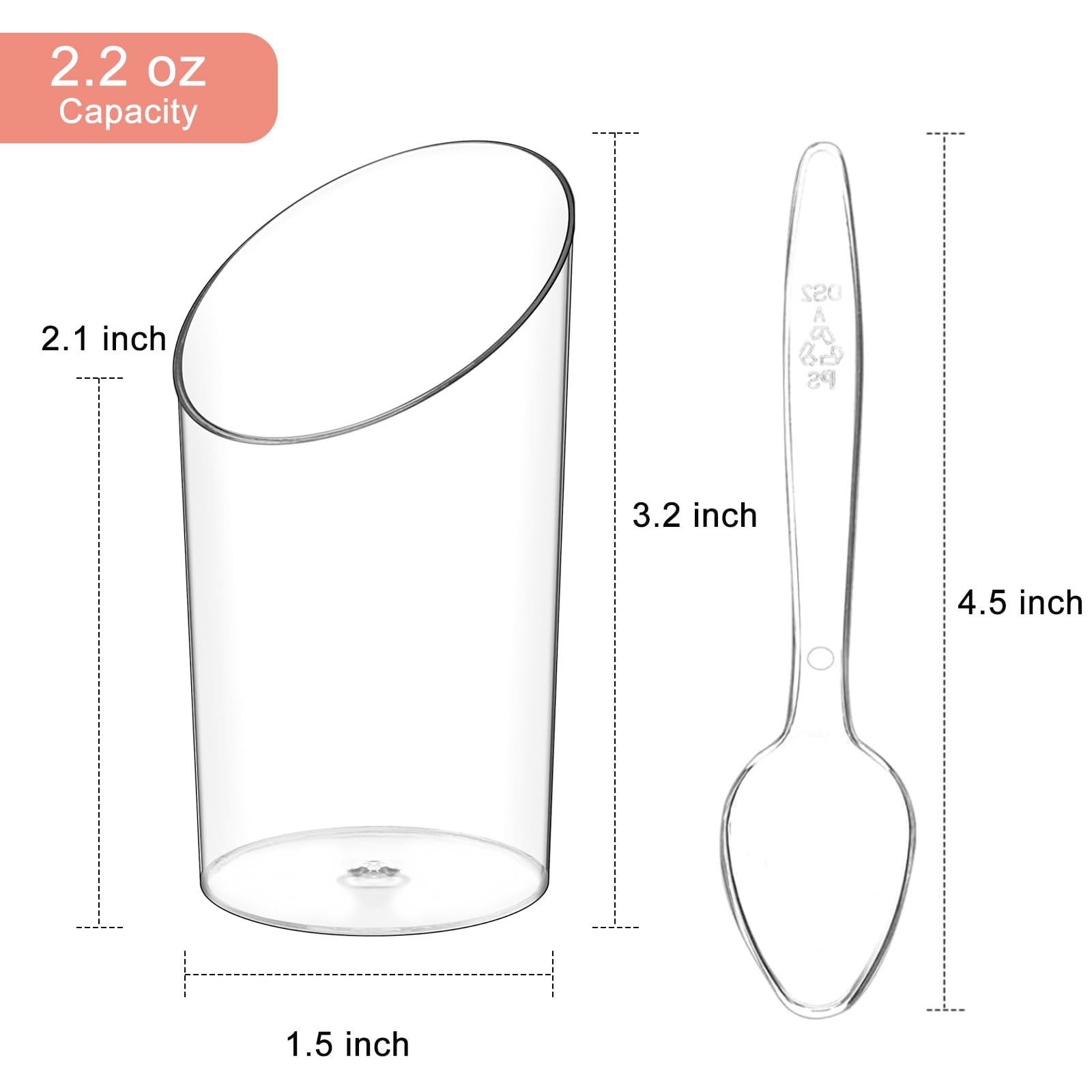 Zezzxu 50 Pack Mini Dessert Cups With Spoons, 2.2 Oz Plastic Small Dessert Shotter Cups Slanted Appetizer Cups For Serving Mouss
