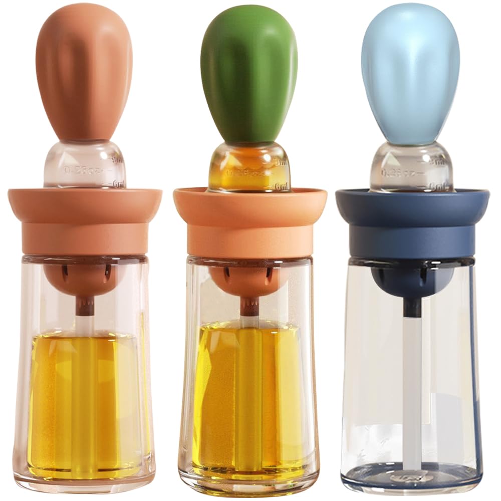 TINMIX Oil Dispenser with Brush - 3 Pack Glass 2 IN 1 Oil Dispensing Bottle with Basting Brush for Cooking Frying Baking Kitchen