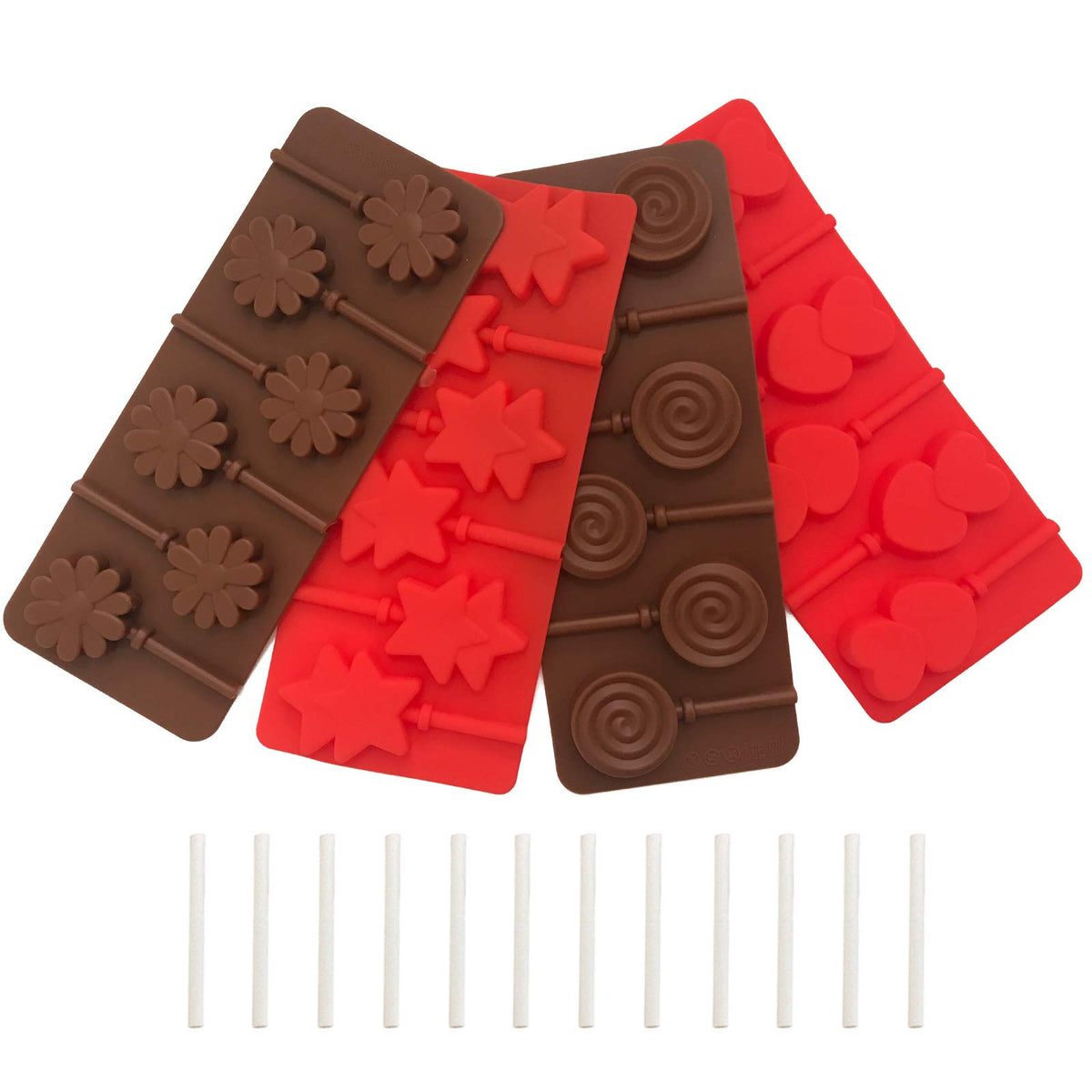Set Of 4 Silicone Lollipop Molds (Heart, Star, Round, Flower), Tunan 6-Cavity Molds Chocolate Hard Candy Jelly Fondant Mould Wit